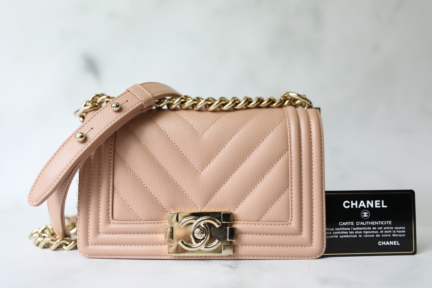 Chanel Boy Small, Beige Chevron Caviar with Gold Hardware, Preowned in Box WA001