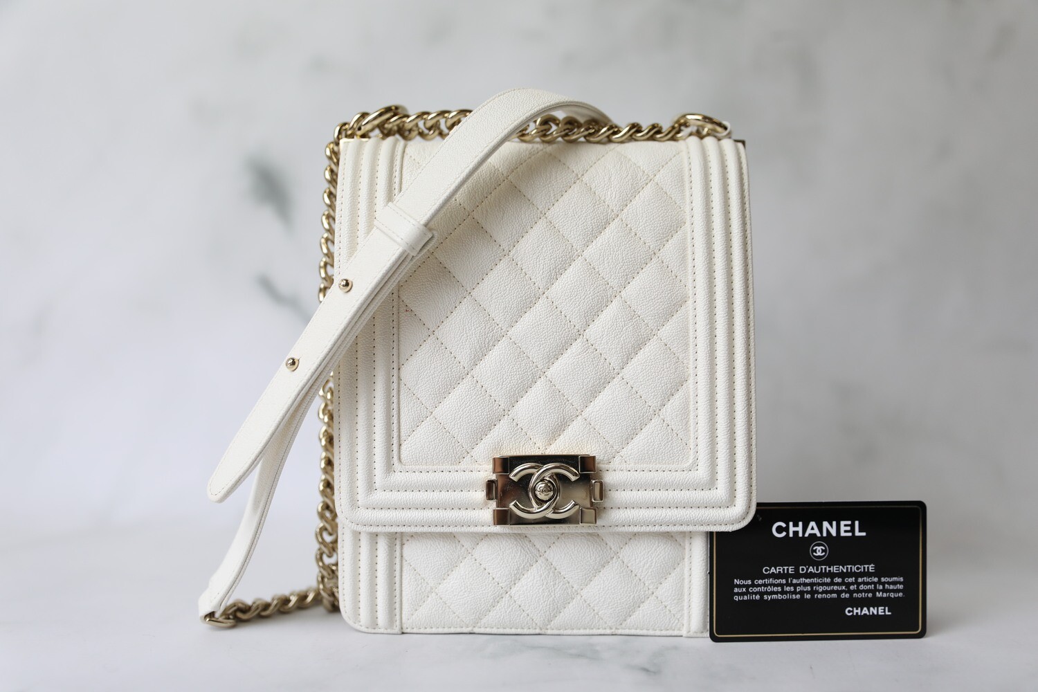 Chanel North South Boy, White Caviar with Gold Hardware, Like New in Dustbag WA001