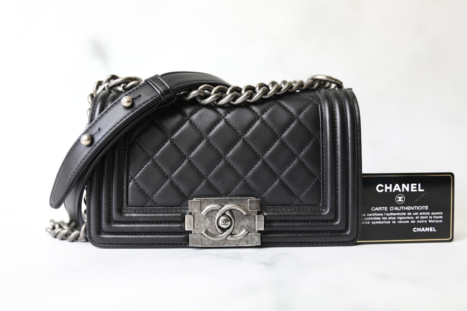 Chanel Boy Small, Black Lambskin with Ruthenium Hardware, Preowned in Box WA001