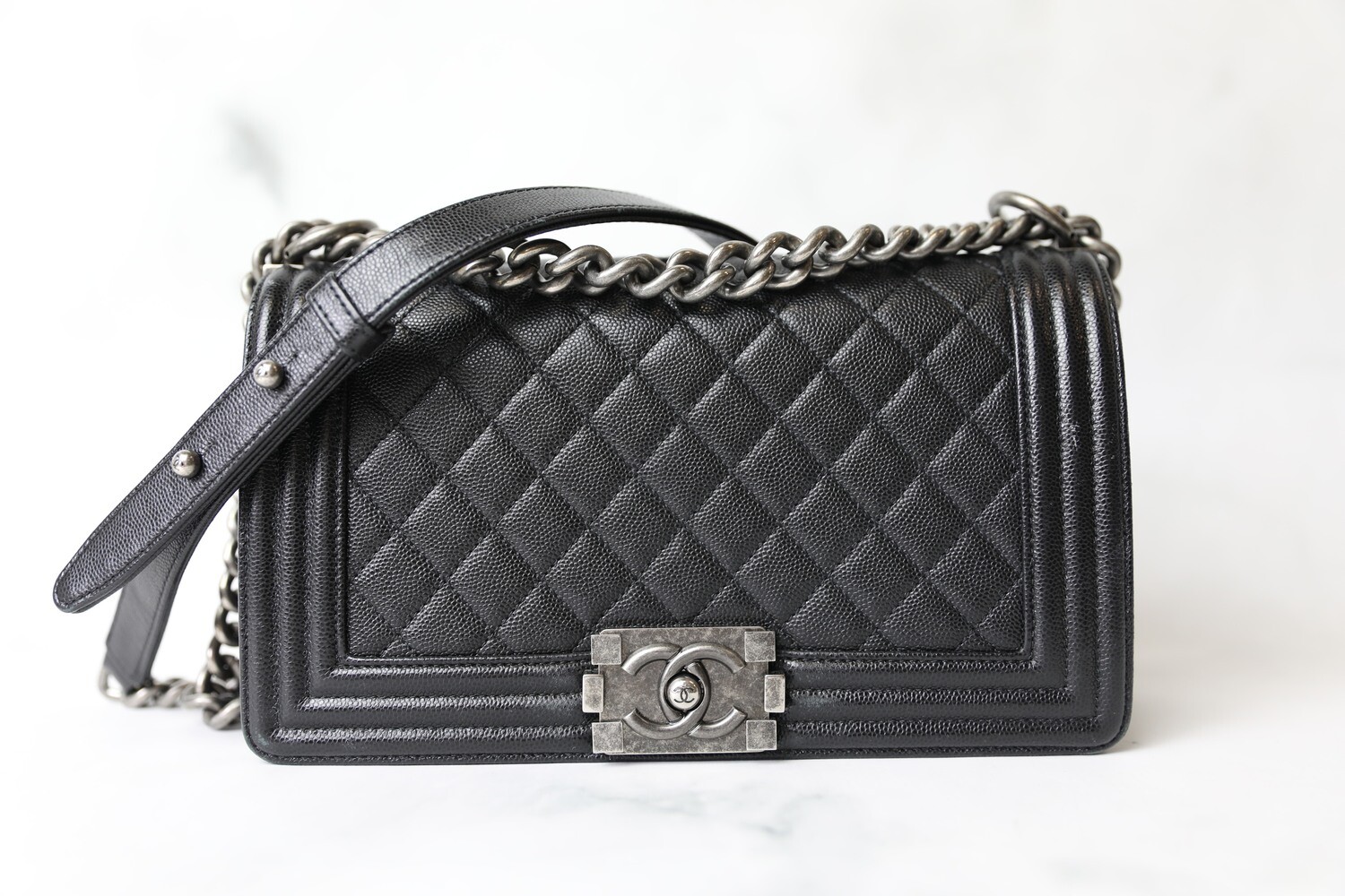 Chanel Boy Old Medium, Black Caviar with Ruthenium Hardware, Preowned in Box WA001