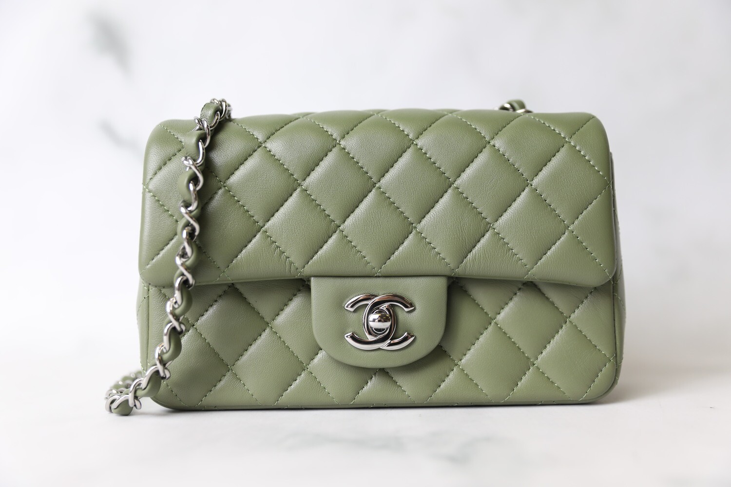 Chanel Classic Mini Rectangular, Olive Green Lambskin with Silver Hardware, New in Box WA001