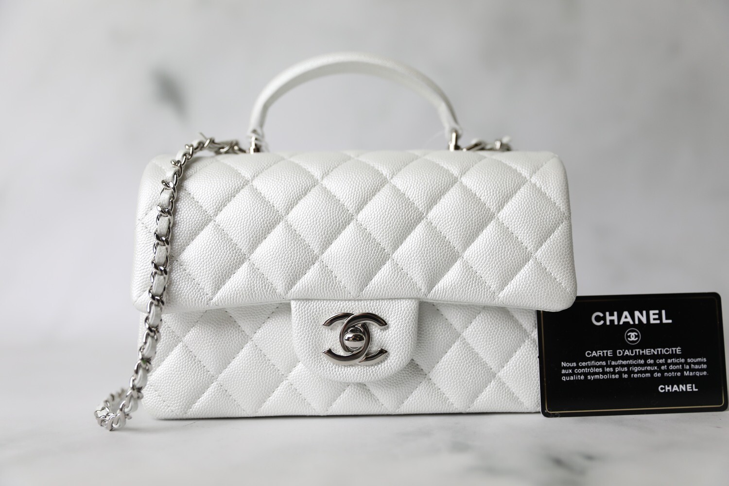 Chanel Mini with Top Handle, White Iridescent Caviar with Silver Hardware, New in Box WA001