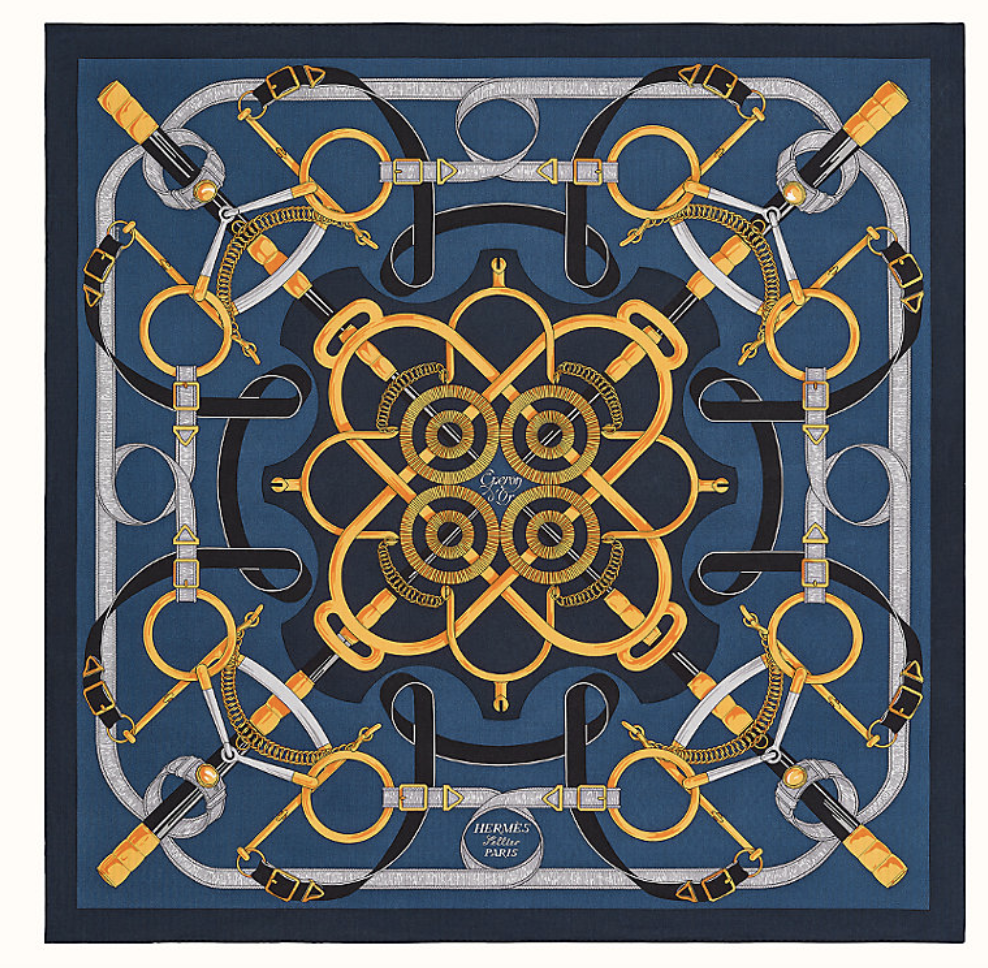 Hermes Scarf, Eperon d&#39;Or Shawl 140, Marine/Miel/Gris, New in Box