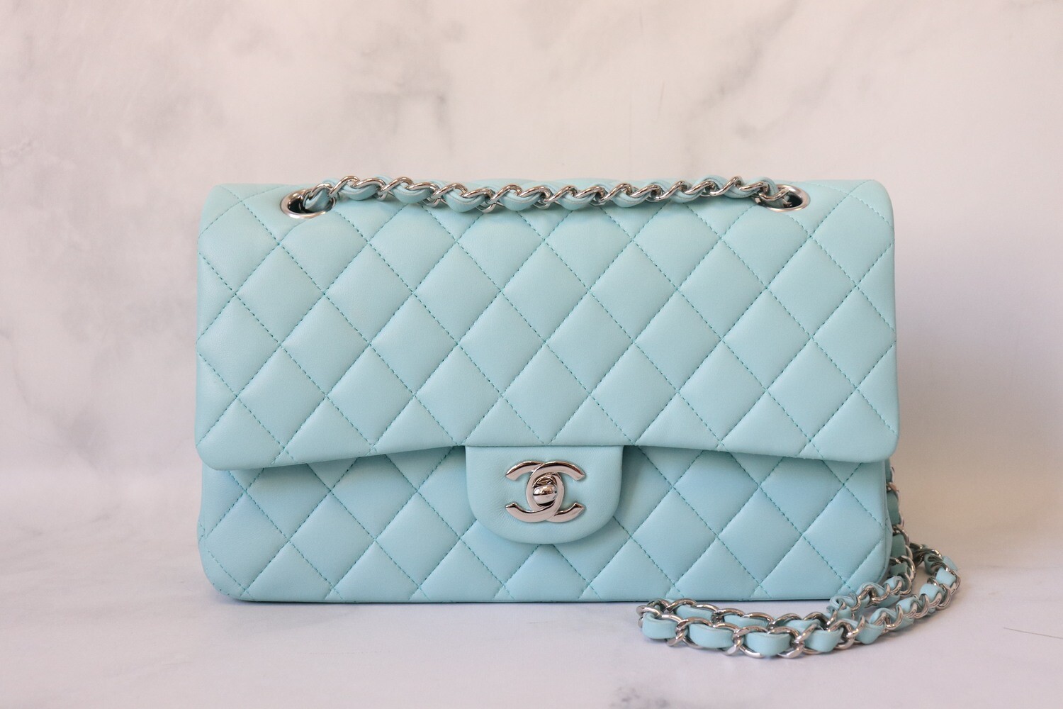 Chanel Classic Medium Double Flap 19C, Light Tiffany Blue Lambskin Leather  with Silver Hardware, Preowned in Box - Julia Rose Boston