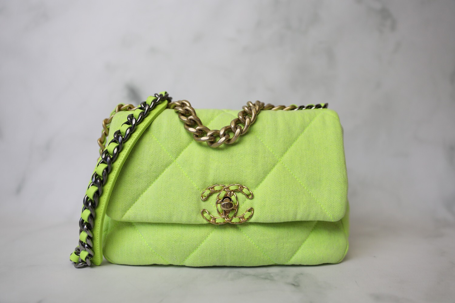 Chanel 19 Small, Neon Green Denim, Preowned in Box WA001
