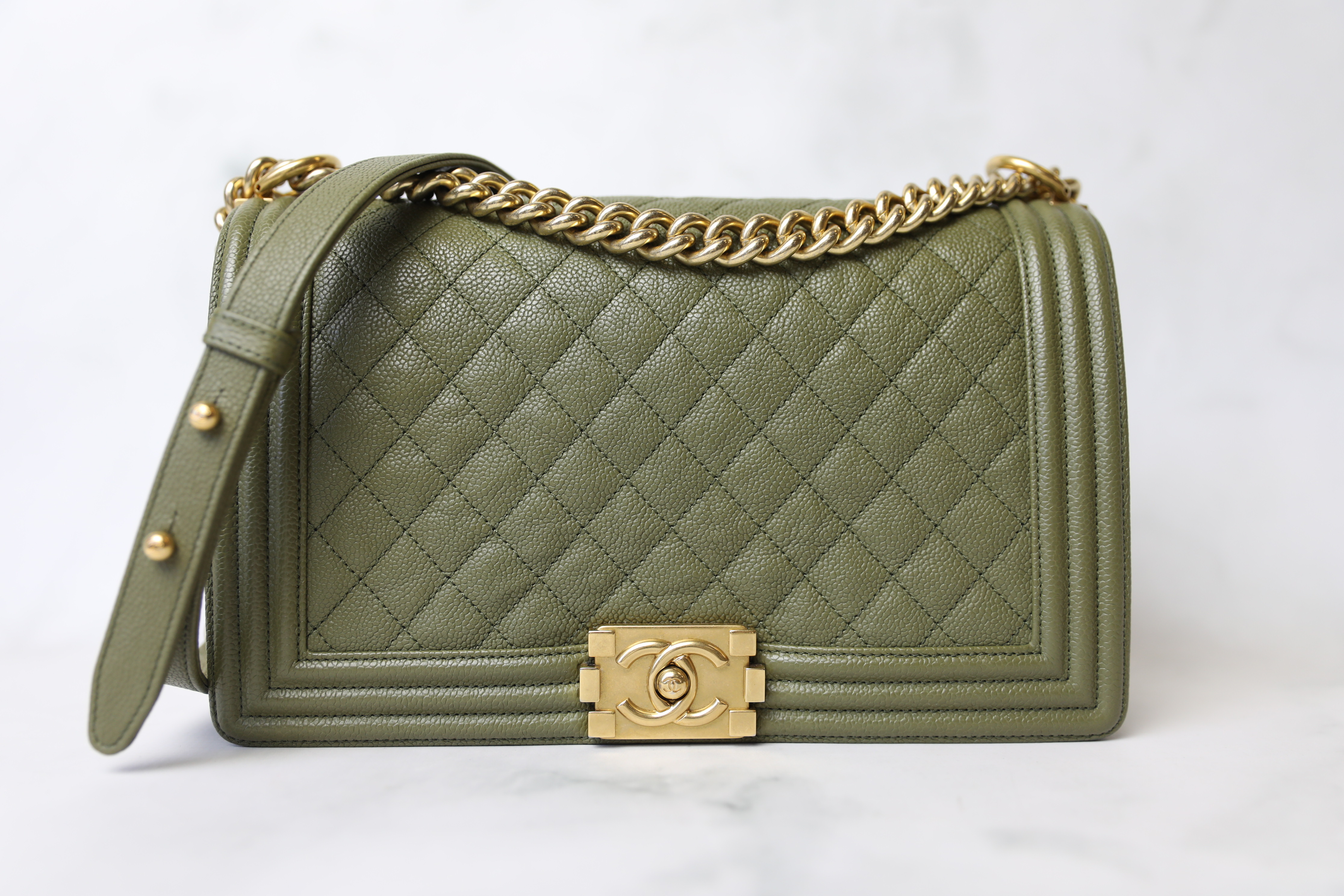 Chanel Boy New Medium, Olive Caviar with Aged Gold Hardware