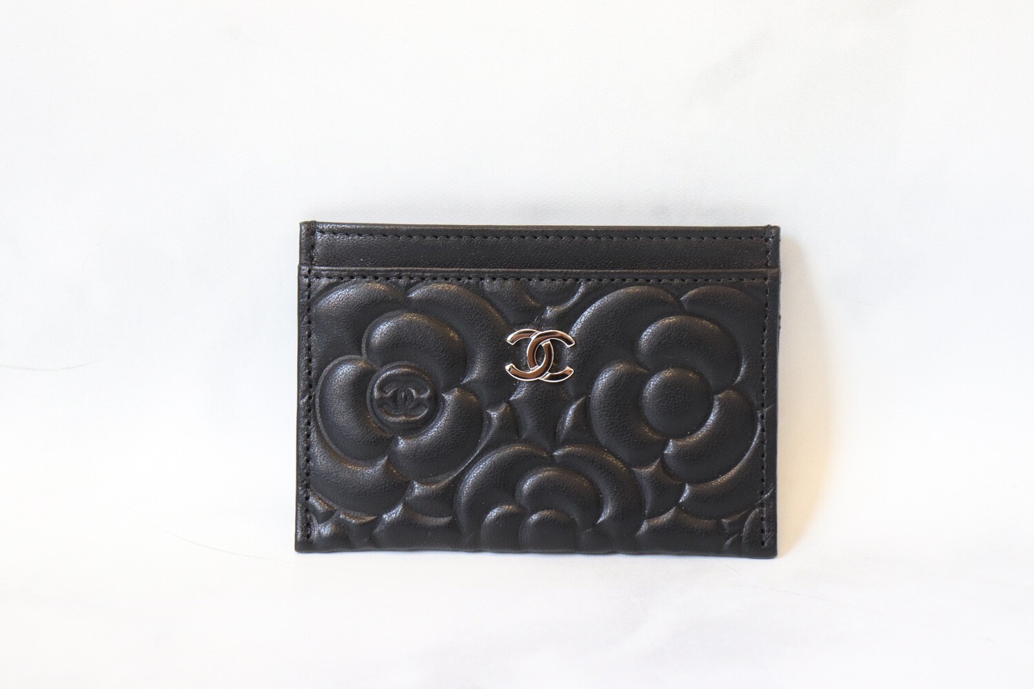 Chanel Camellia Flat Card Holder, Black Lambskin with Silver Hardware, New in Box