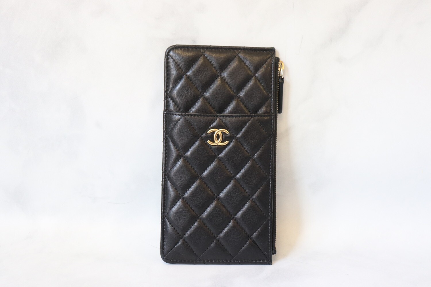 Chanel Phone Pouch Wallet, Black Lambskin, Gold Hardware, Preowned in Box MA001