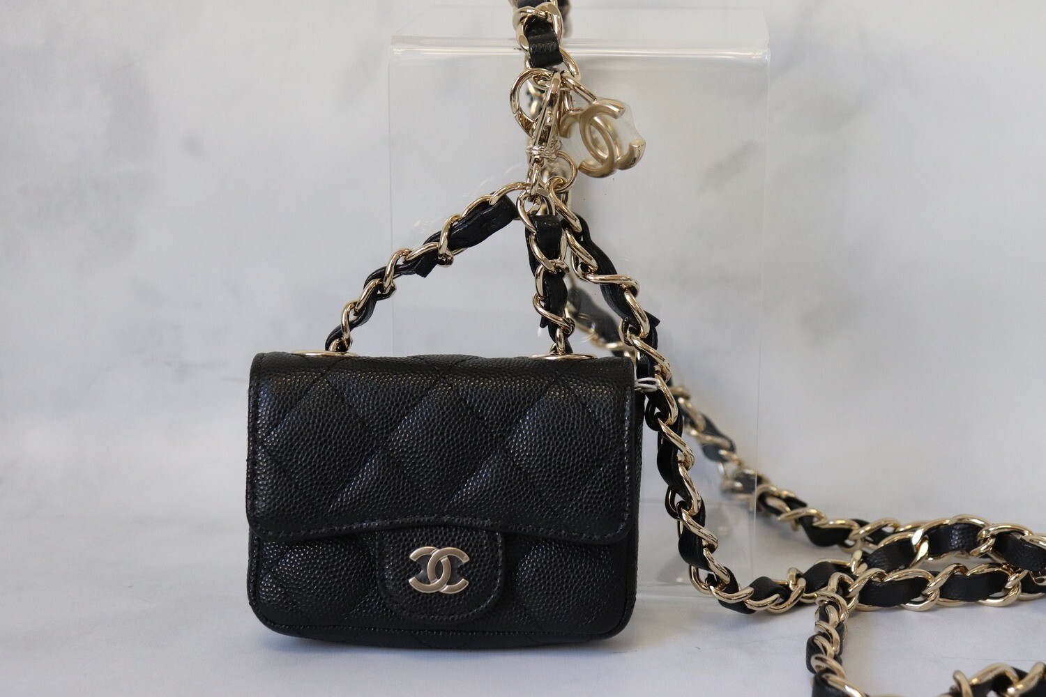 Chanel Belt with Card Holder Charm, Black Caviar Leather with Gold Hardware, New in Box MA001