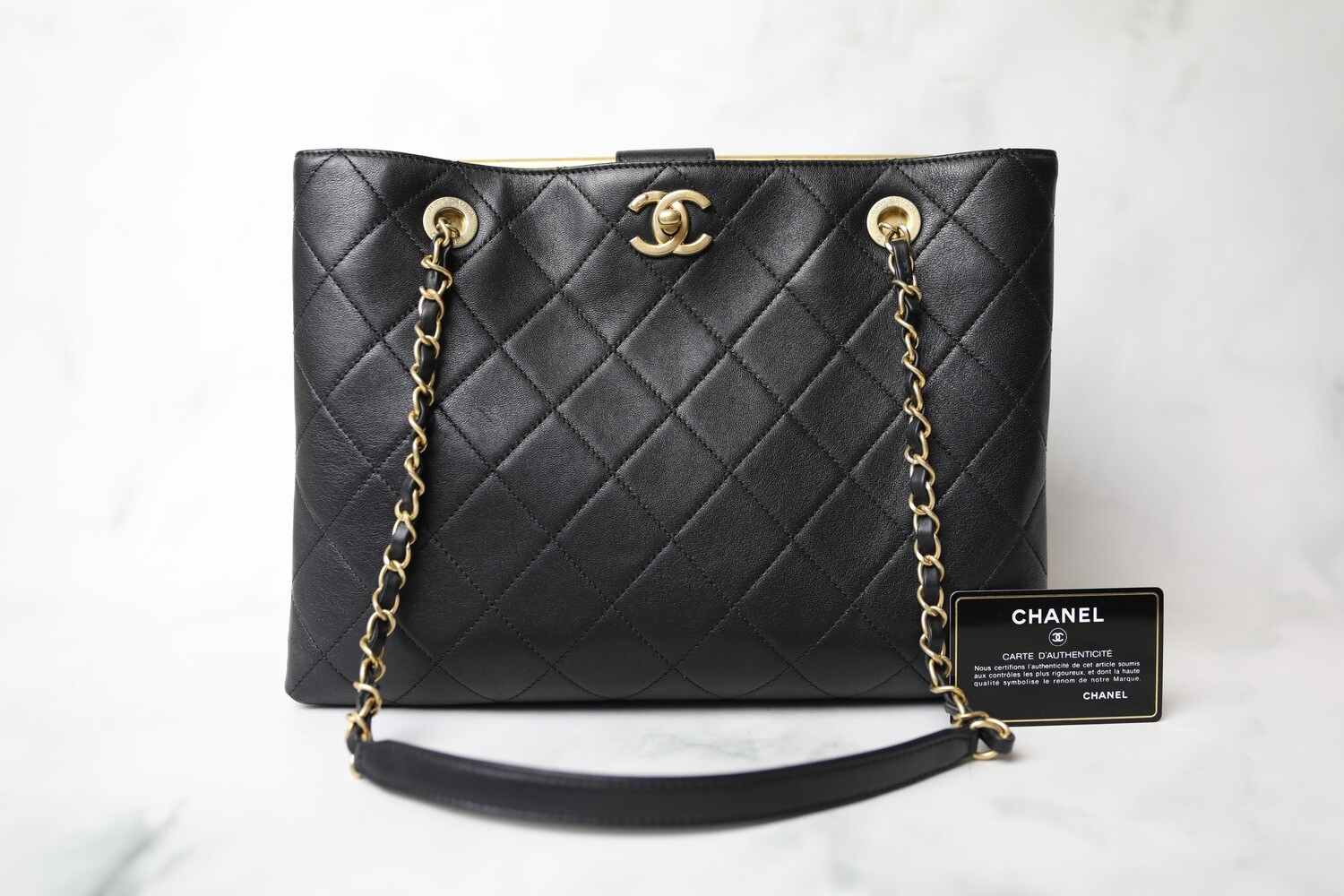 Chanel Quilted Tote, Black Calfskin with Aged Gold Hardware, Preowned in Box WA001