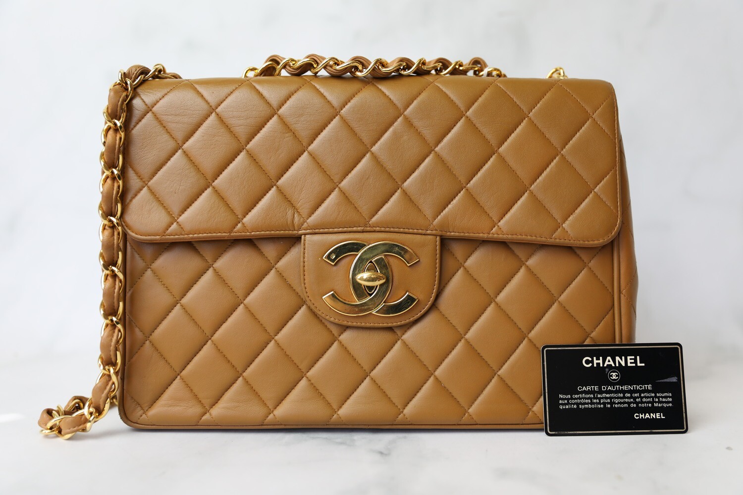 Chanel Vintage Jumbo, Caramel Lambskin with Gold Hardware, Preowned in Dustbag WA001