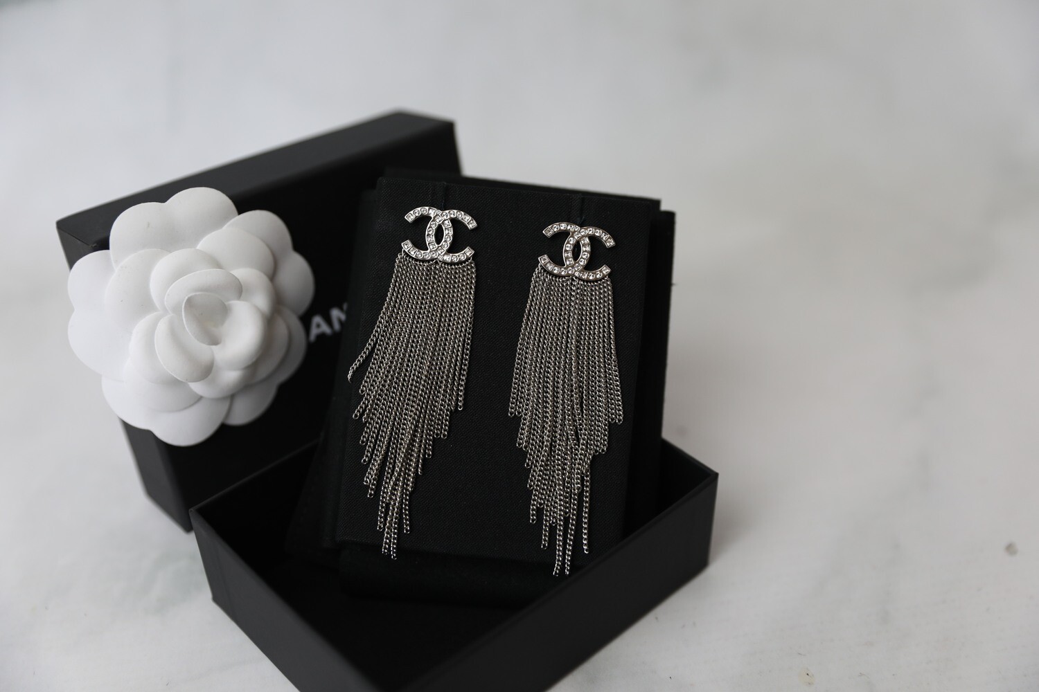 Chanel Earrings Crystal CC with Chain Fringe, New in Box WA001