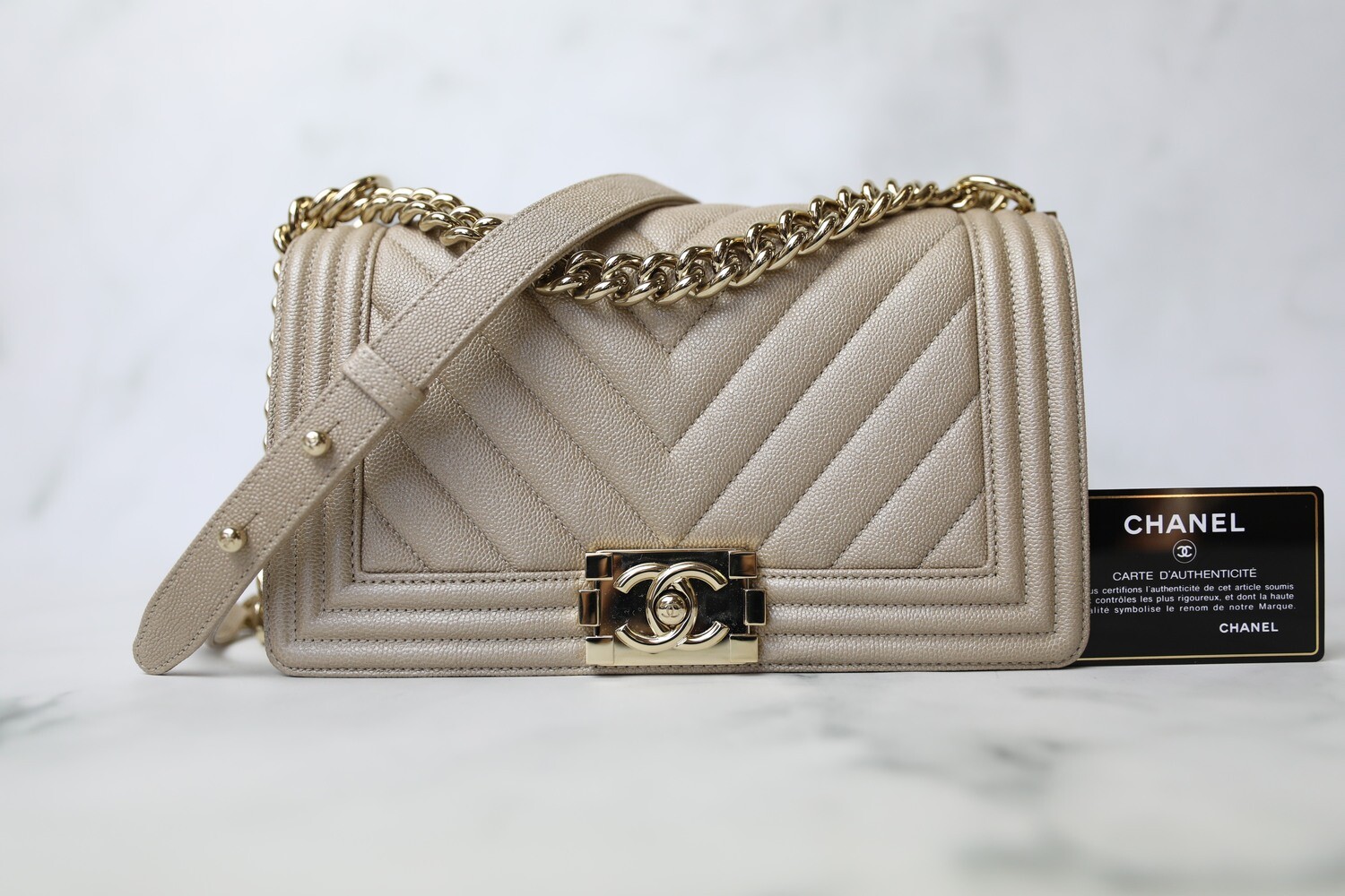 Chanel Boy Old Medium, Beige Iridescent Chevron Caviar with Gold Hardware, Preowned in Box WA001