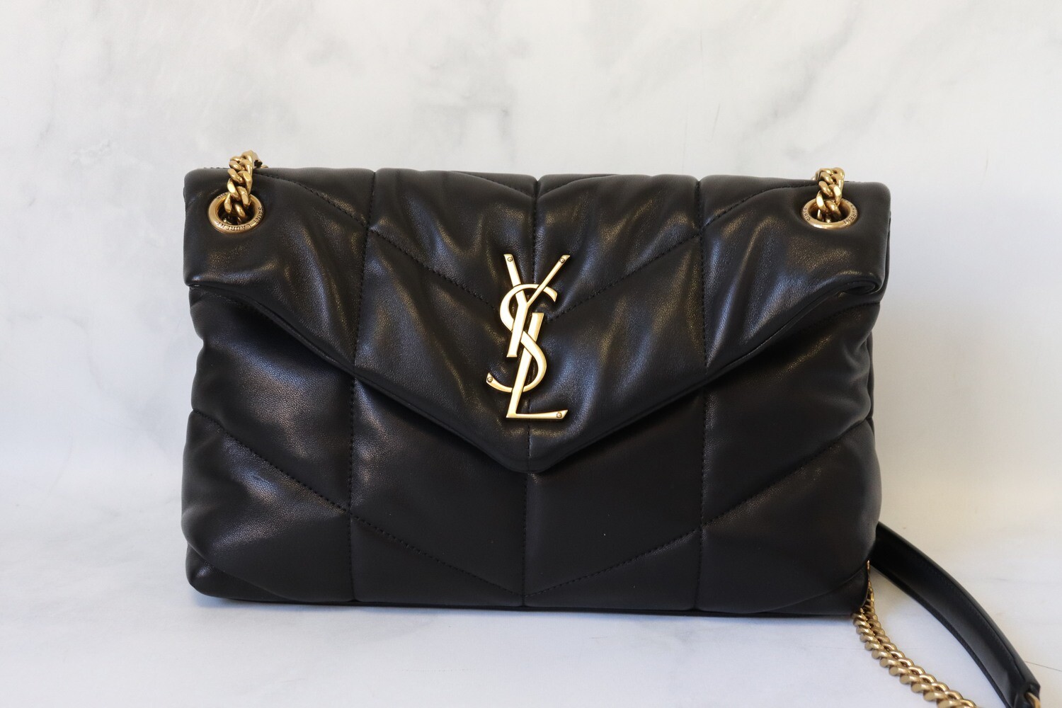 Saint Laurent Lou Lou Puffer Flap Small, Black Leather with Brushed Gold Hardware, New in Dustbag, GA001