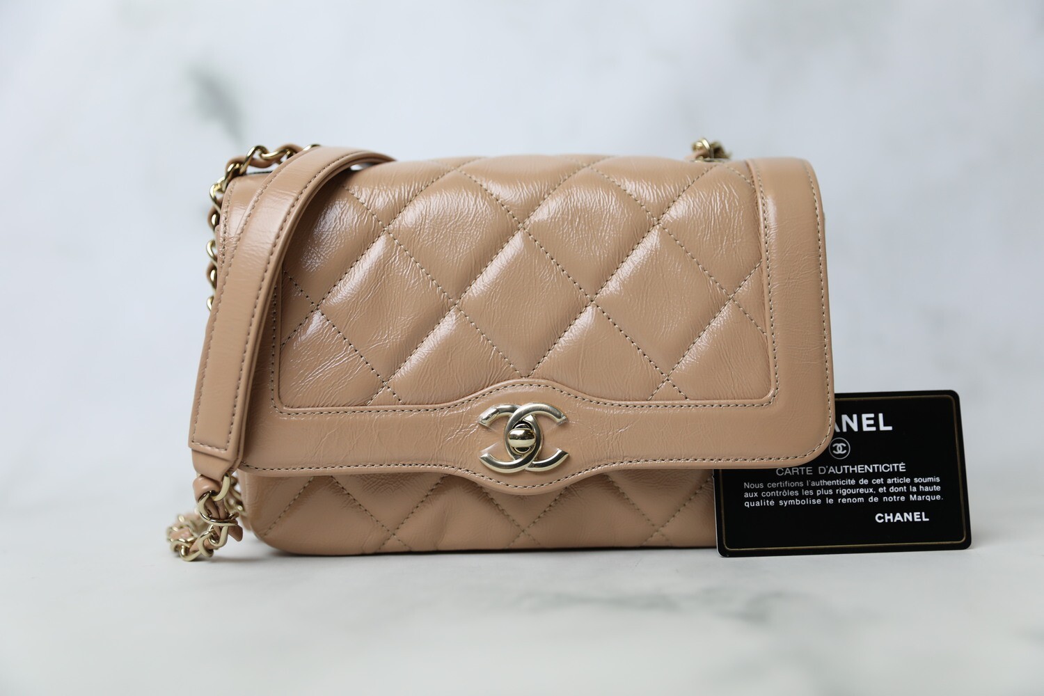 Chanel Small Seasonal Flap, Shiny Aged Beige Galzed Calfskin with Gold Hardware, Preowned in Box WA001