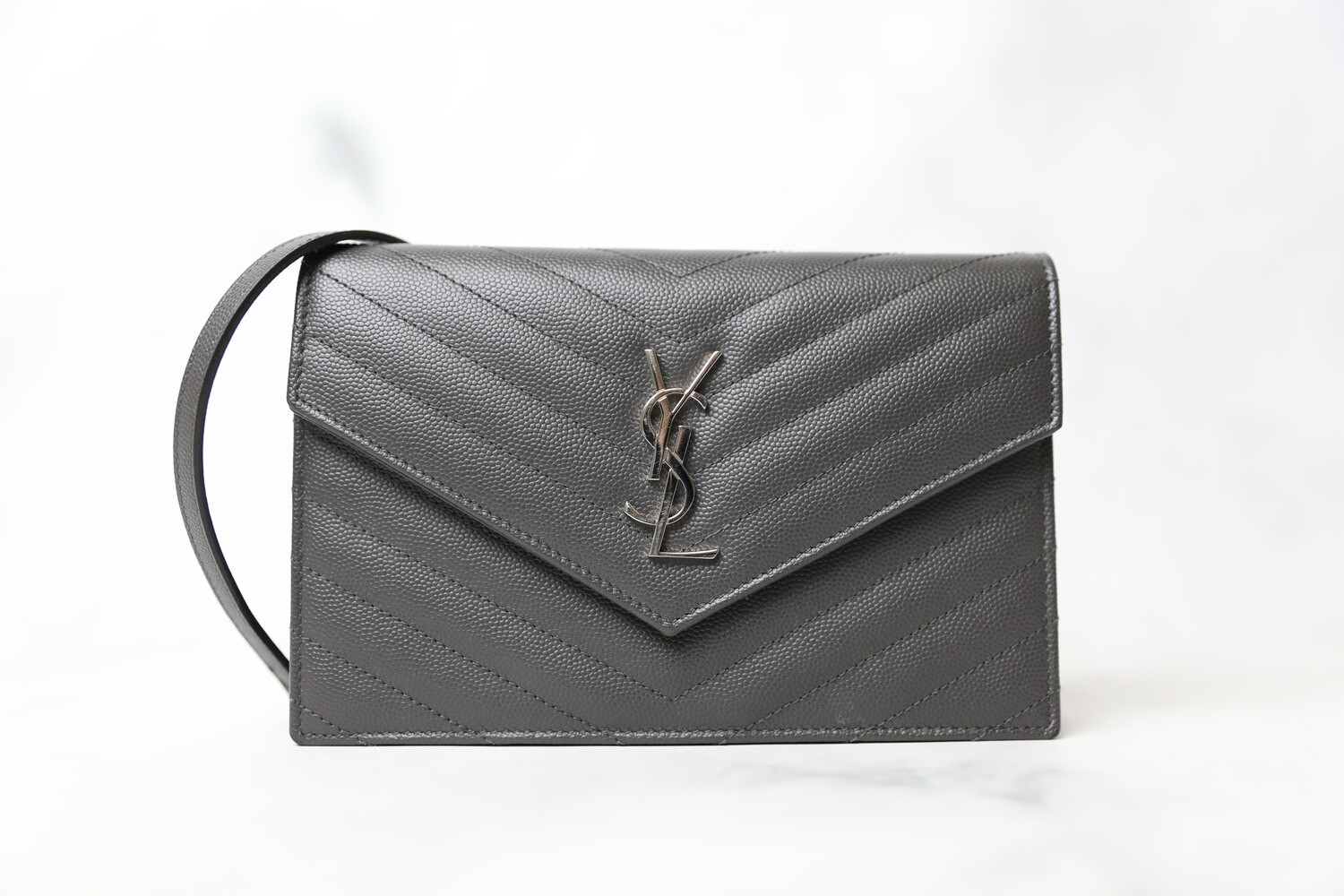 Saint Laurent Wallet on Chain Small, Grey with Silver Hardware, Preowned in Box WA001