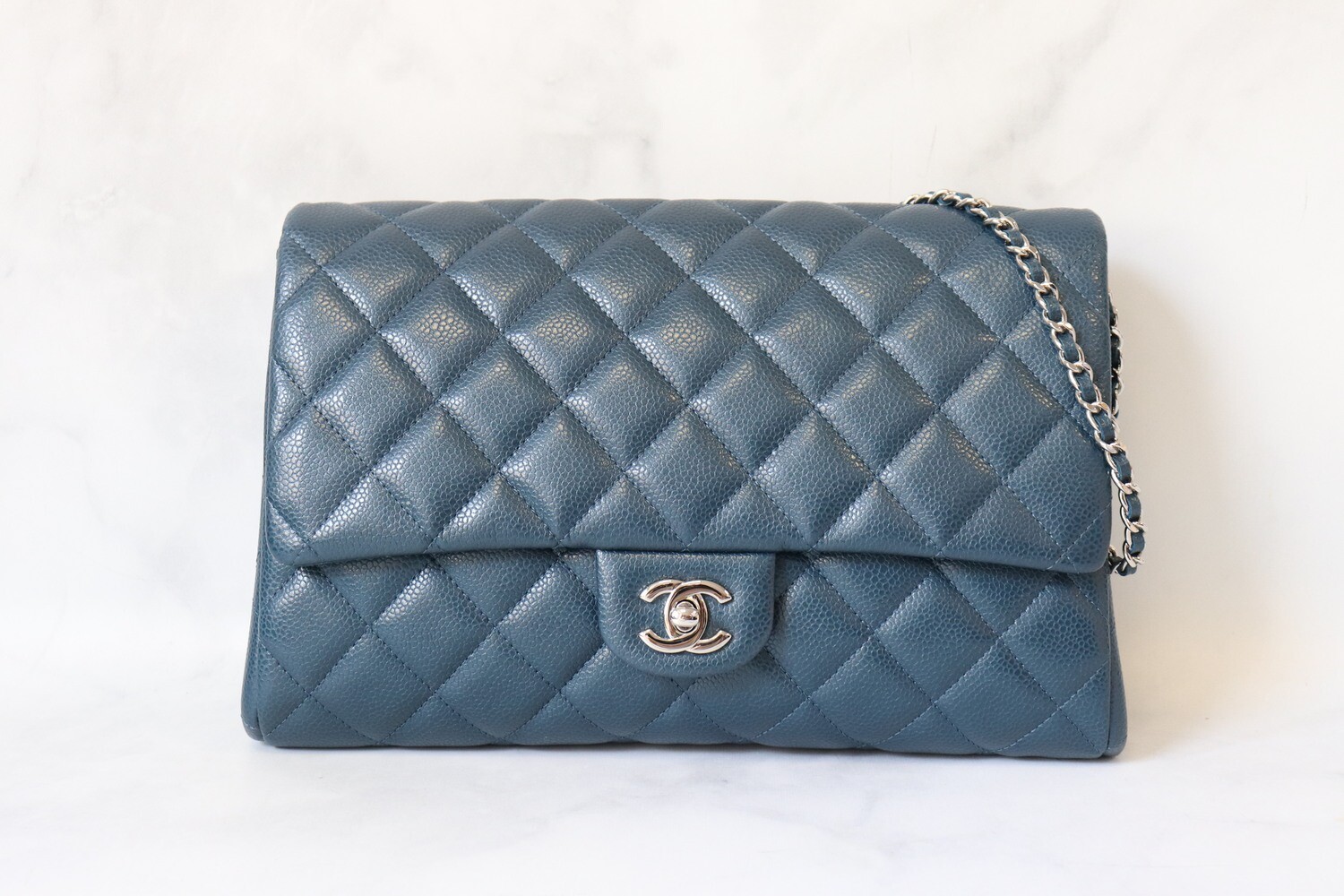 Chanel Clutch with Chain, Blue Caviar Leather with Silver Hardware, Preowned in Dustbag