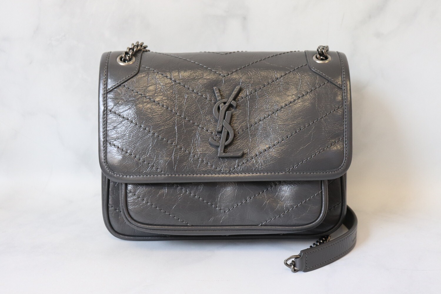 Saint Laurent Niki Baby Flap Bag, Dark Gray, New with Dustbag MA001