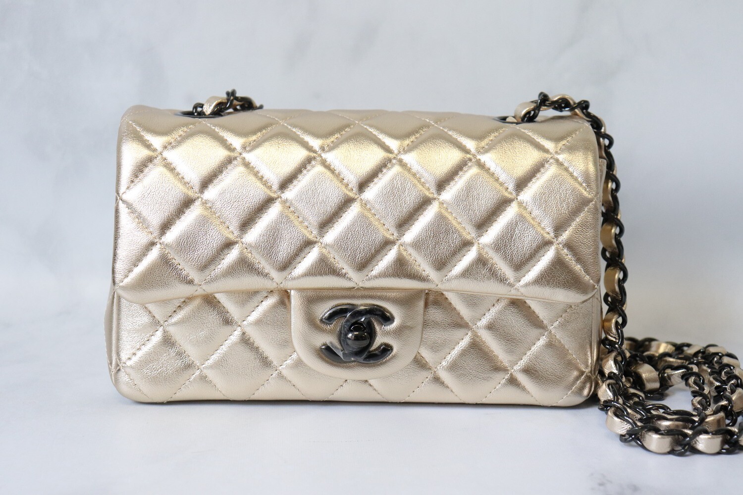 Chanel Mini Classic Flap, Gold Lambskin with So Black Hardware, New in Box