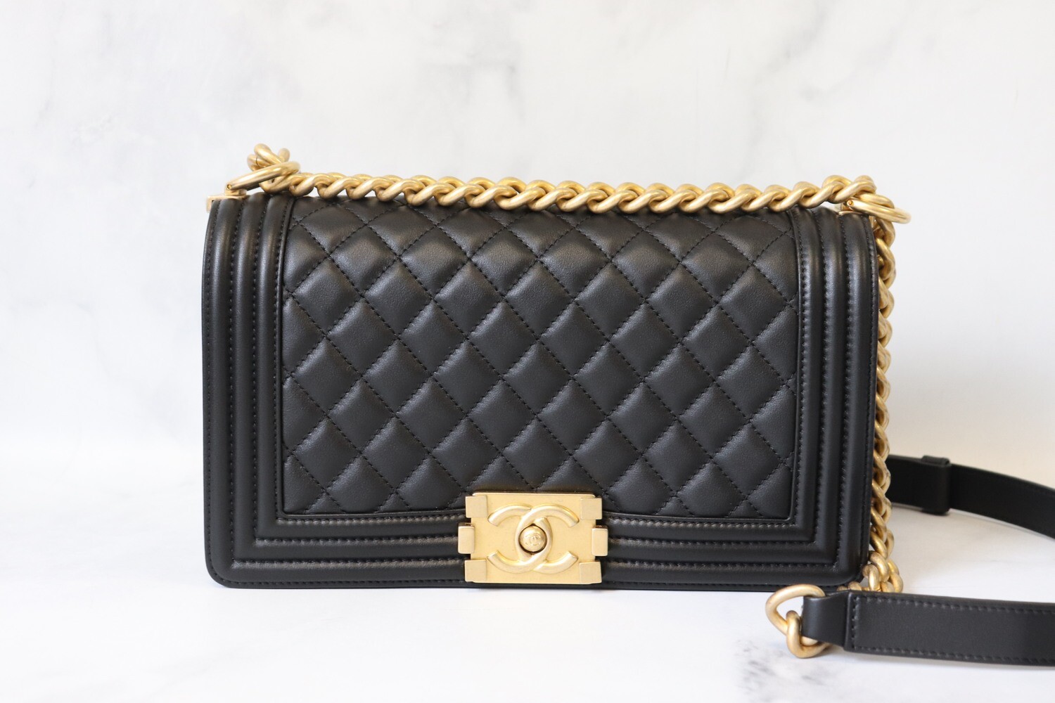 Chanel Old Medium Boy Bag, Black Lambskin with Gold Hardware, New in Box