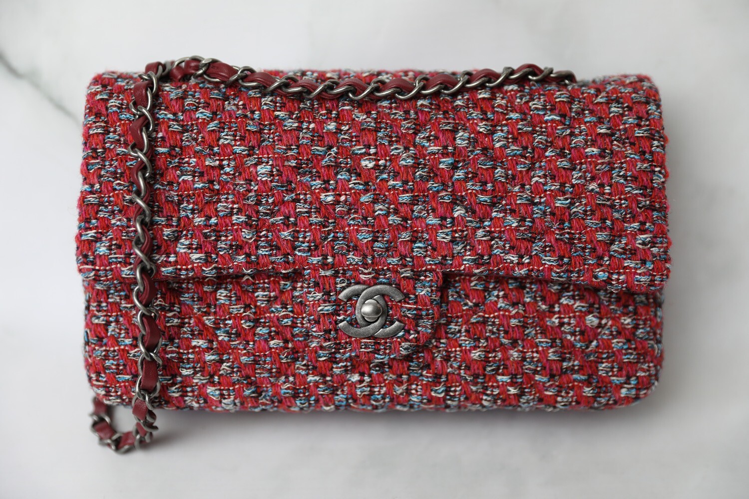 Chanel Classic Medium, Red Multicolor Tweed with Ruthenium Hardware, Preowned in Box WA001