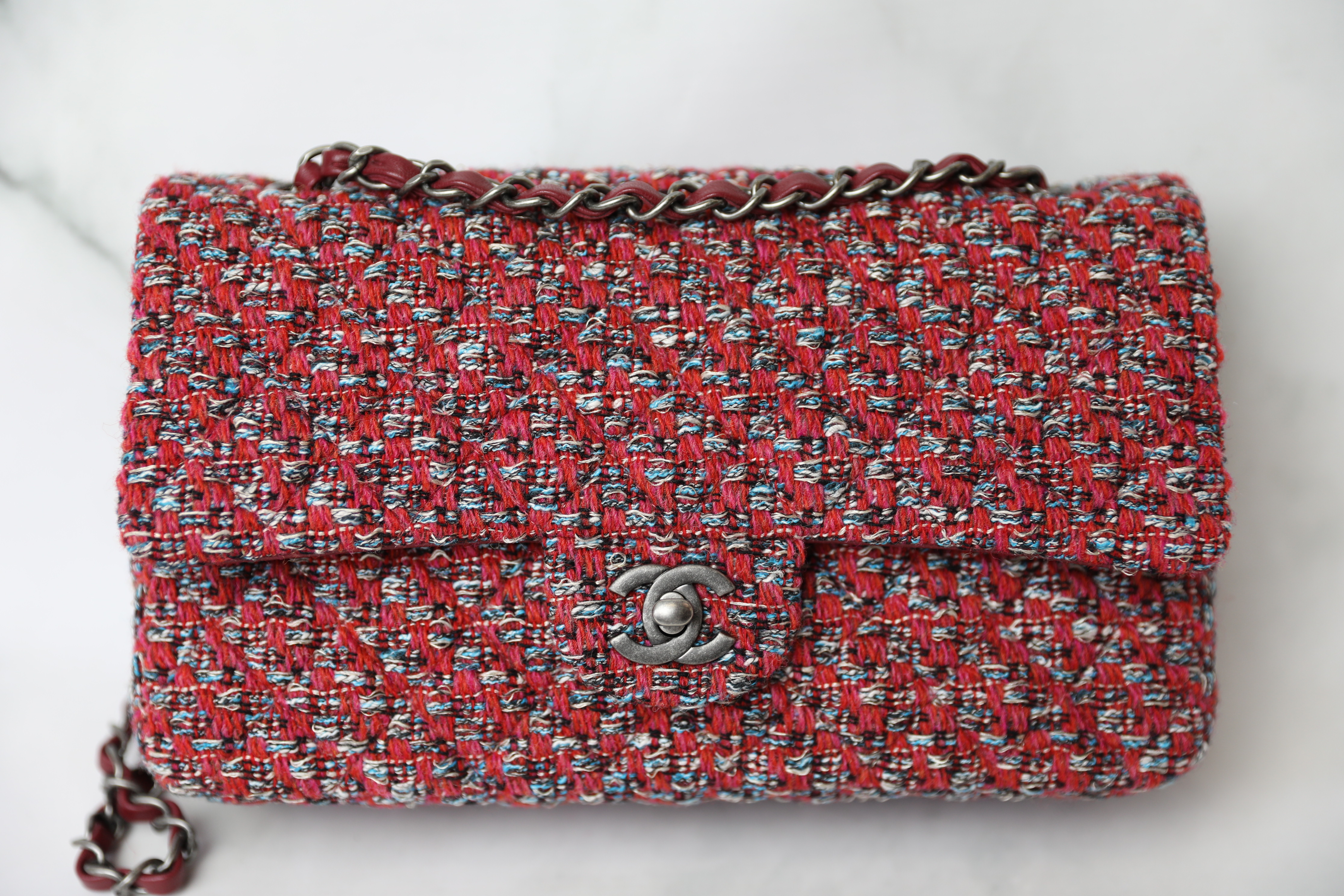 Chanel Classic Medium, Red Multicolor Tweed with Ruthenium Hardware,  Preowned in Box WA001