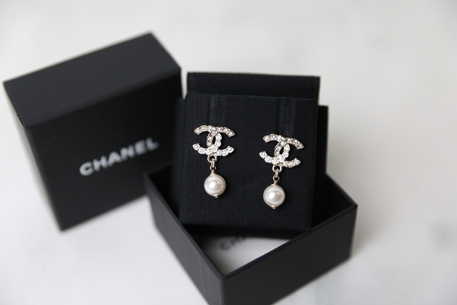Chanel Earrings, Crystal CC with Pearl Drop, New in Box WA001