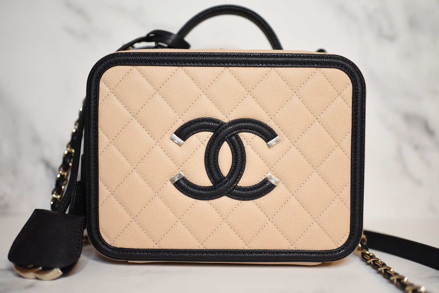 Chanel Vanity Filigree Medium, Beige Caviar Leather, Black Caviar trim, Light Gold Hardware, Preowned in Box