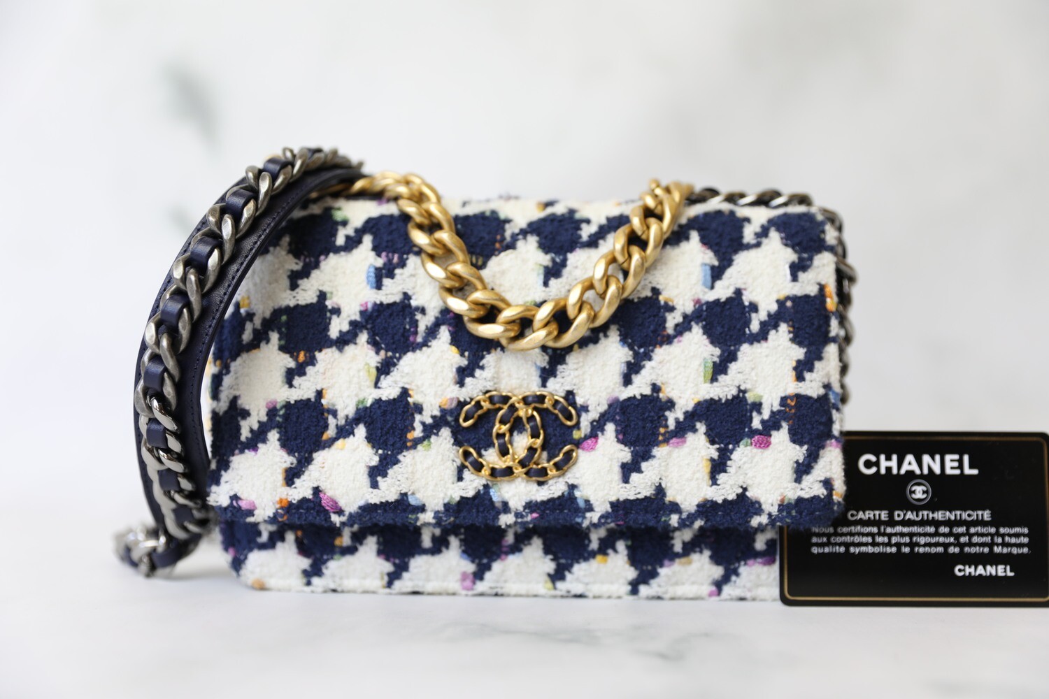 Chanel 19 Wallet on Chain, Blue and White Houndstooth Tweed, Preowned in  Box WA001