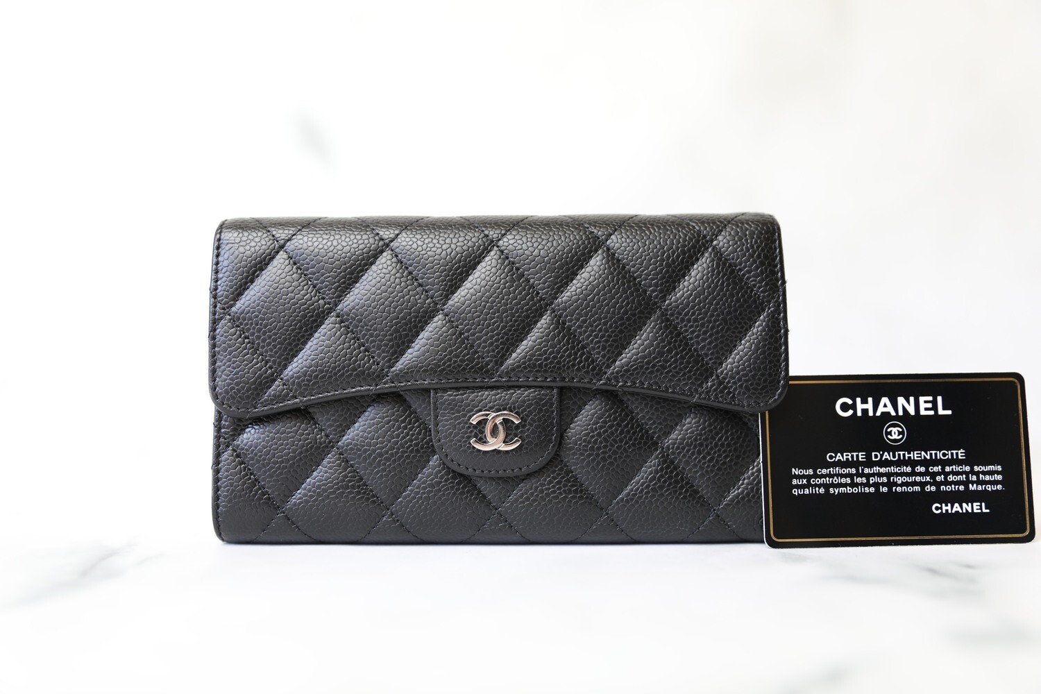 Chanel SLG Long Snap Wallet, Black Caviar with Silver Hardware, Preowned in Box WA001