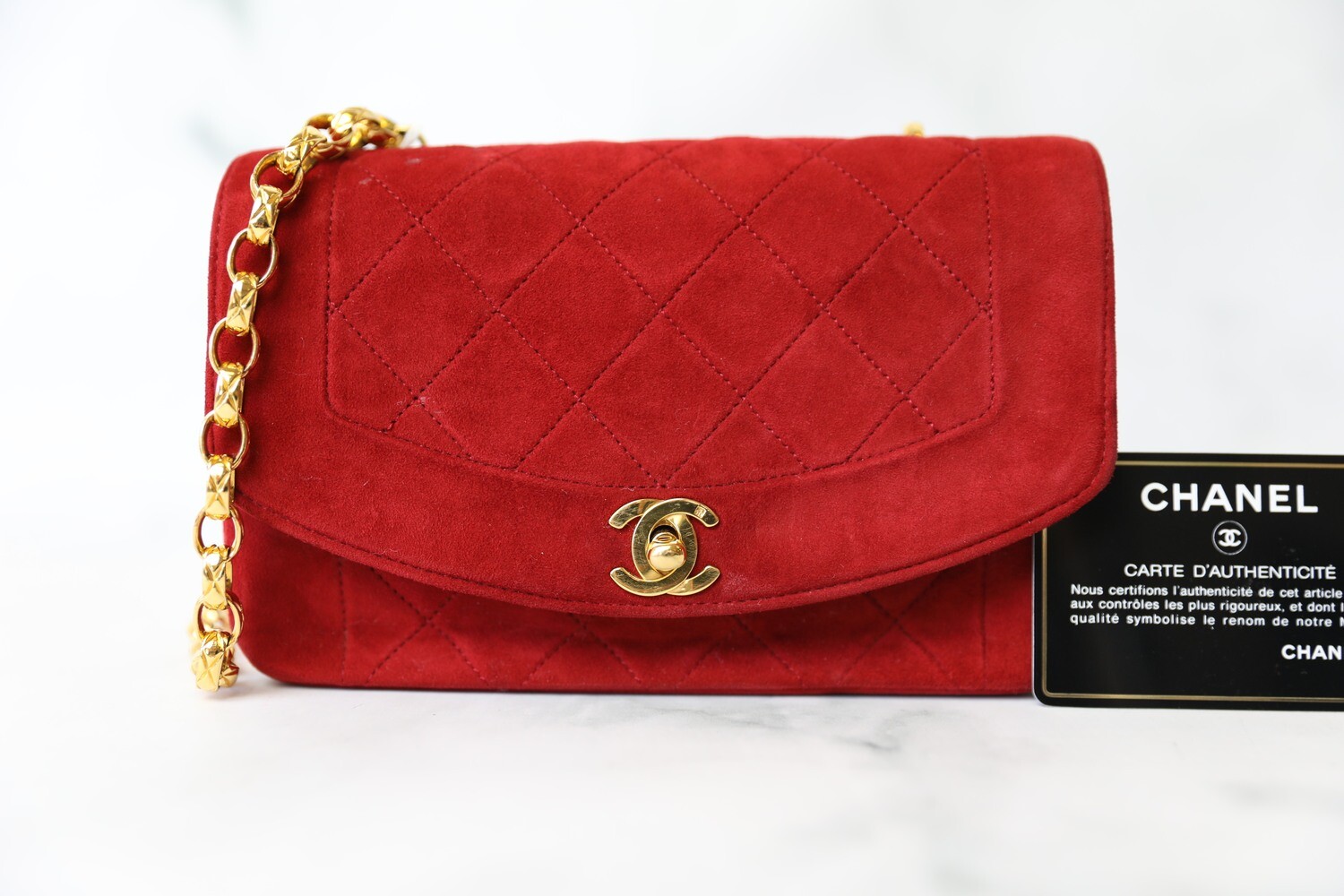 Chanel Vintage Diana Flap, Red Suede with Gold Hardware, Preowned in Dustbag WA001