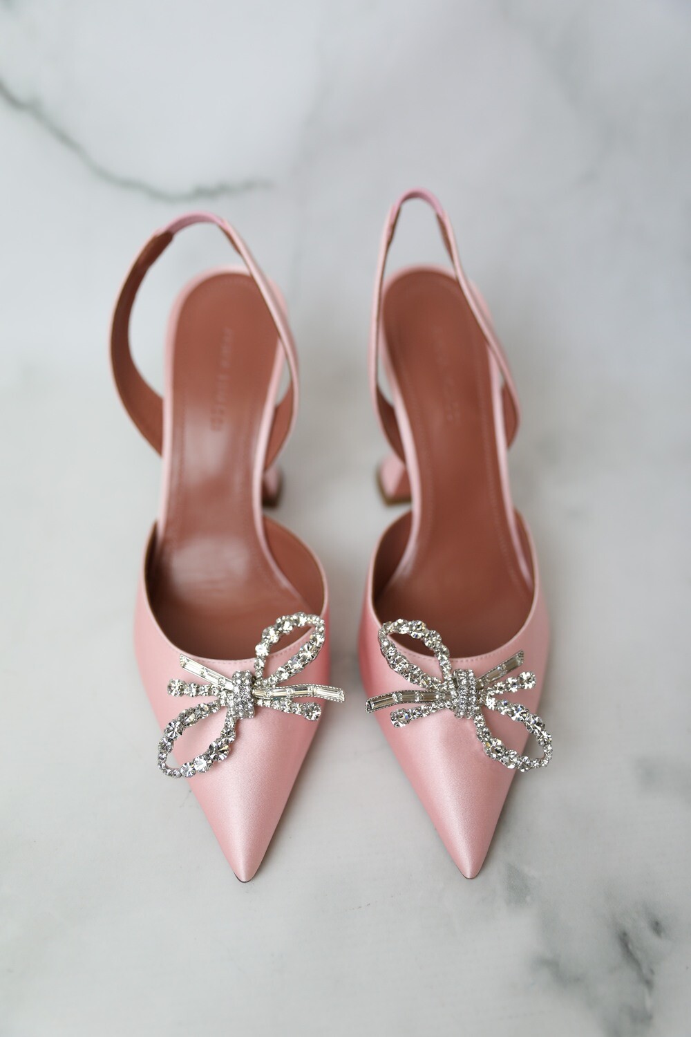 Amina Muaddi Bow Slingbacks, Pink Satin, Size 37, New in Dustbag WA001