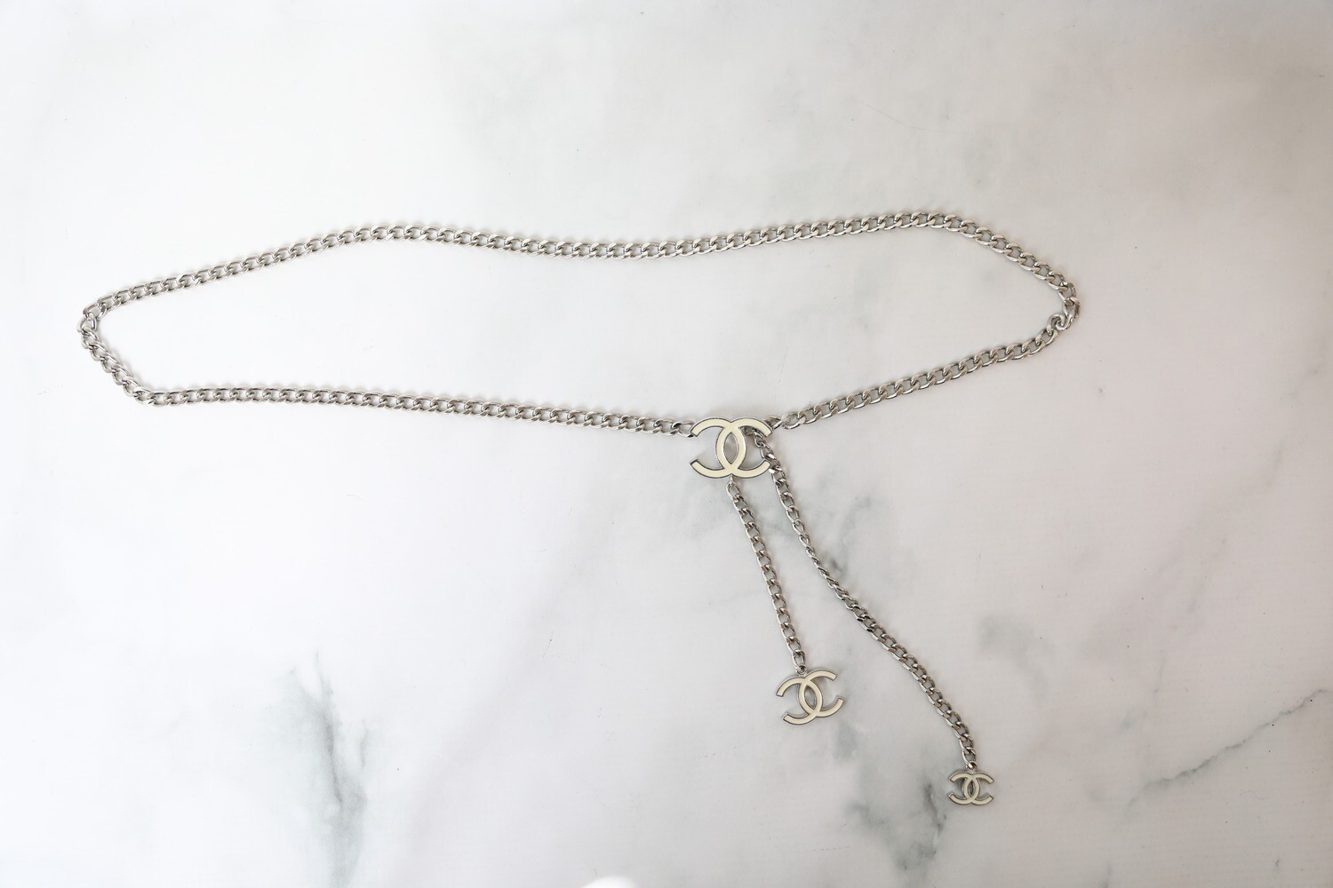 Chanel Chain belt, Silver with White Enamel CC, Preowned WA001