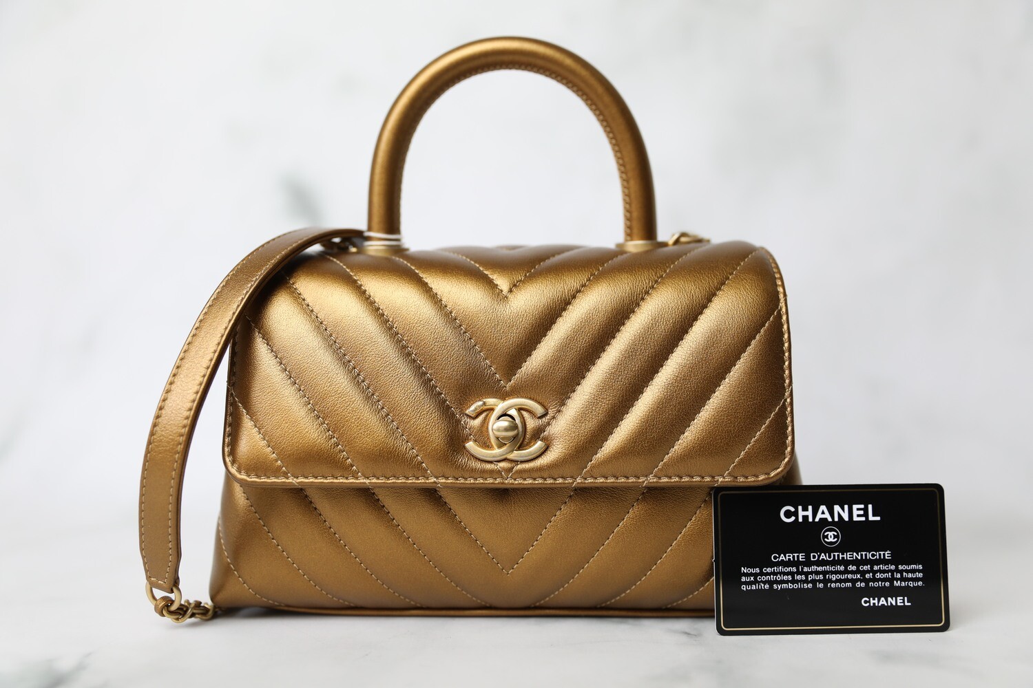Chanel Coco Handle Mini/Small, Gold Chevron Calfskin with Gold