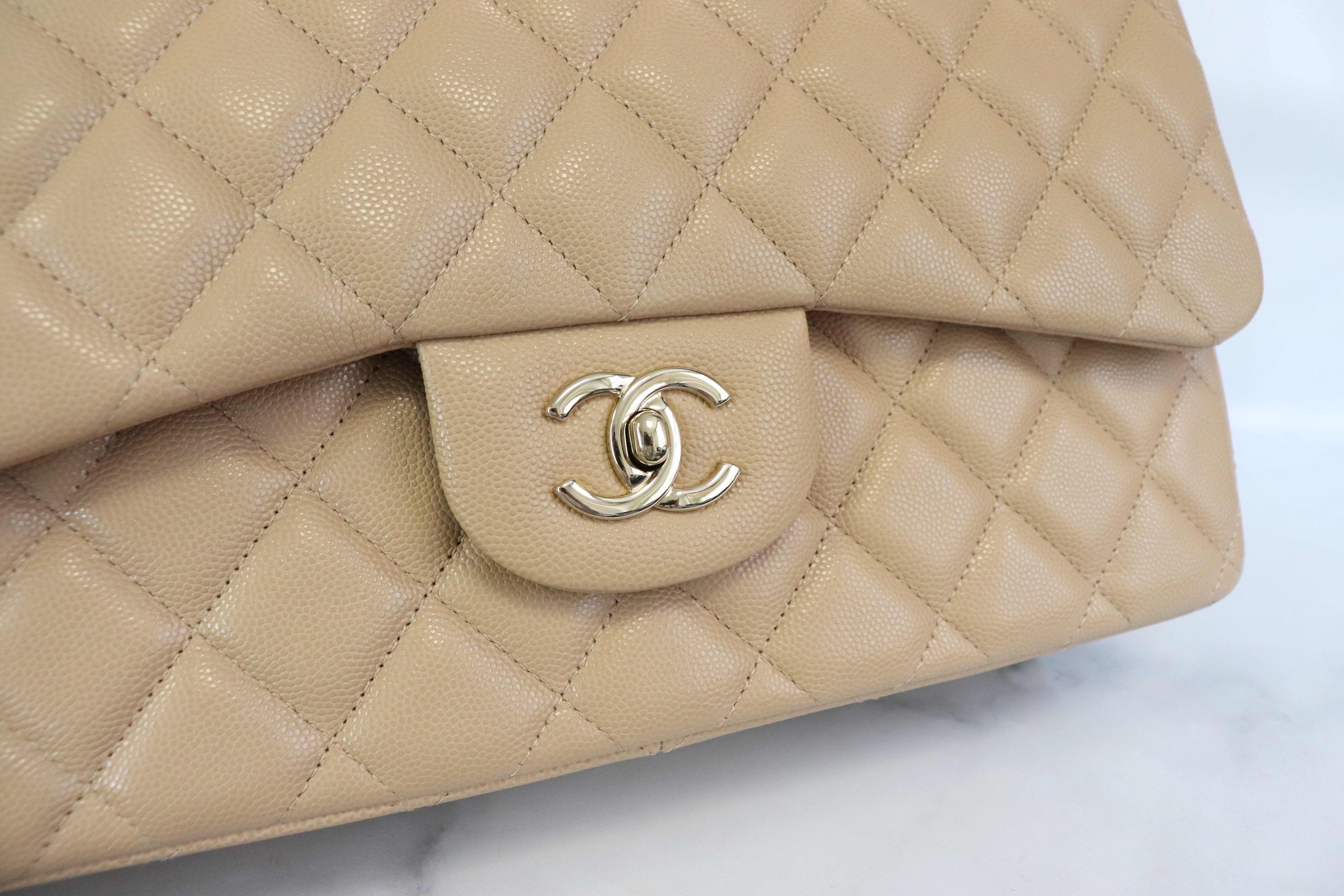 Chanel Classic Jumbo Double Flap 19B Beige Caviar Leather, Gold