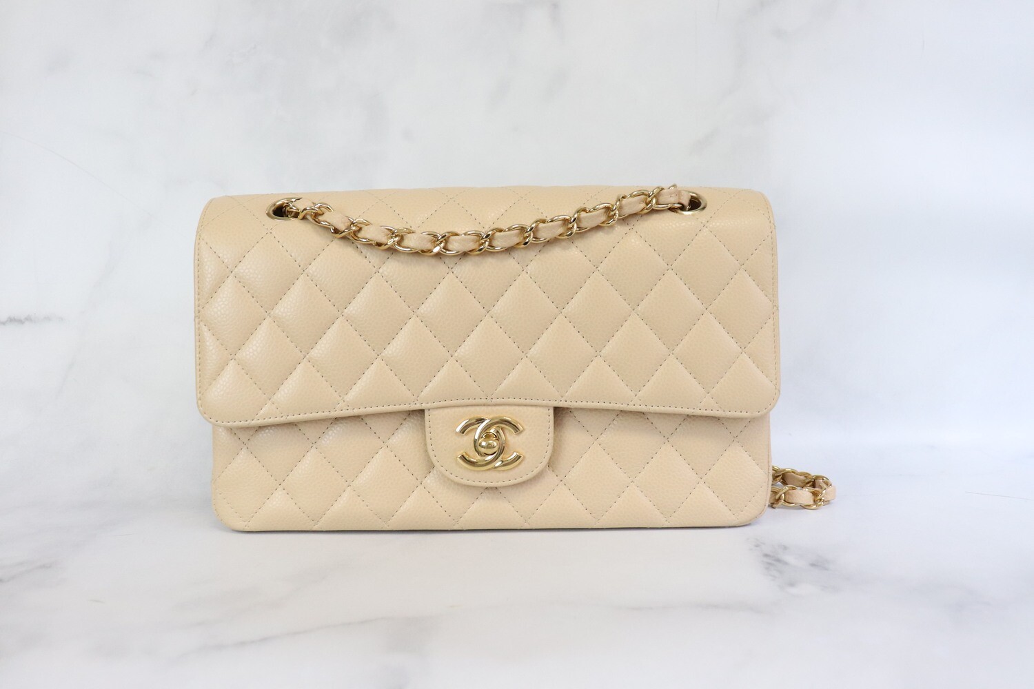 Chanel Classic Medium Double Flap, Beige Clair Caviar Leather, Gold Hardware, Preowned in Dustbag