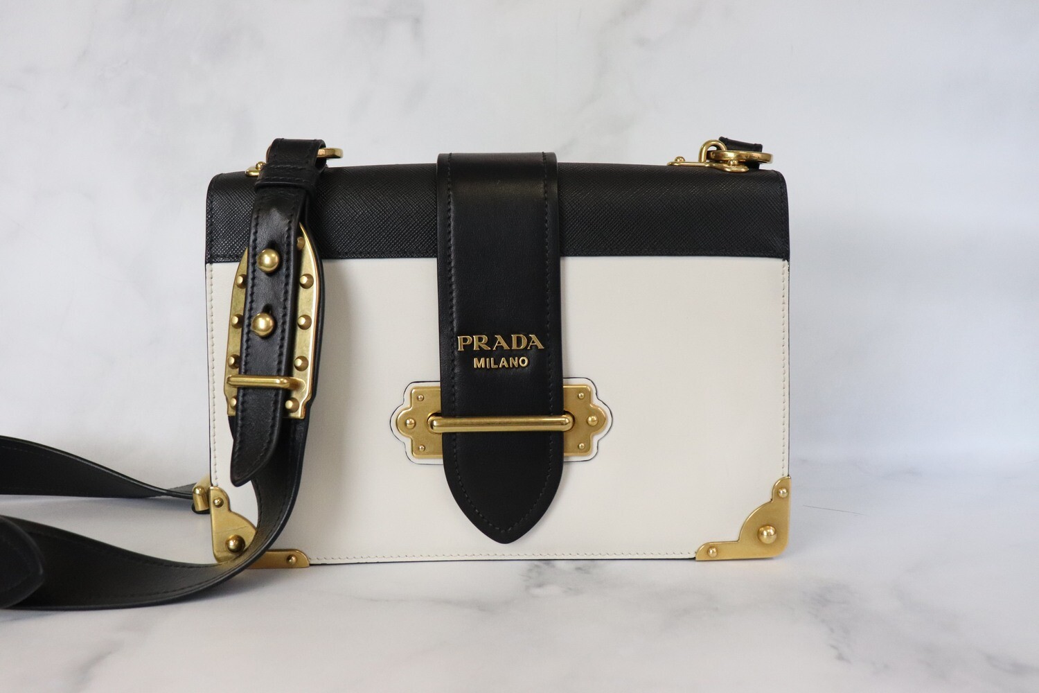 Prada Cahier Bag, White Leather with Gold Hardware, Preowned in Dustbag