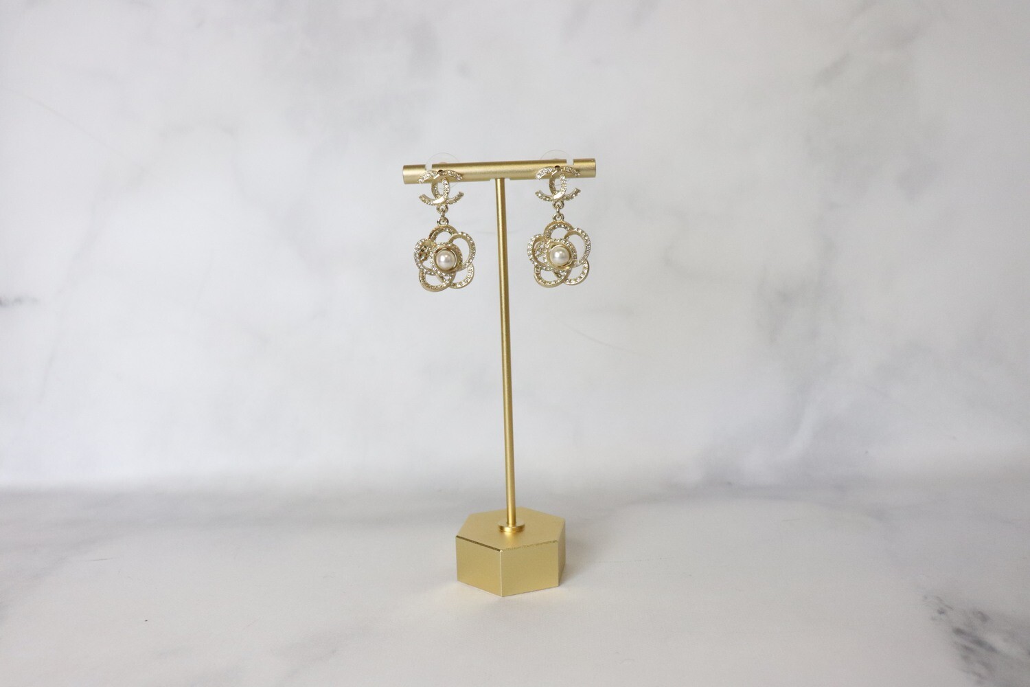 Chanel Earrings Black Flower Dangle Pearl with CC Crystal, New in Box