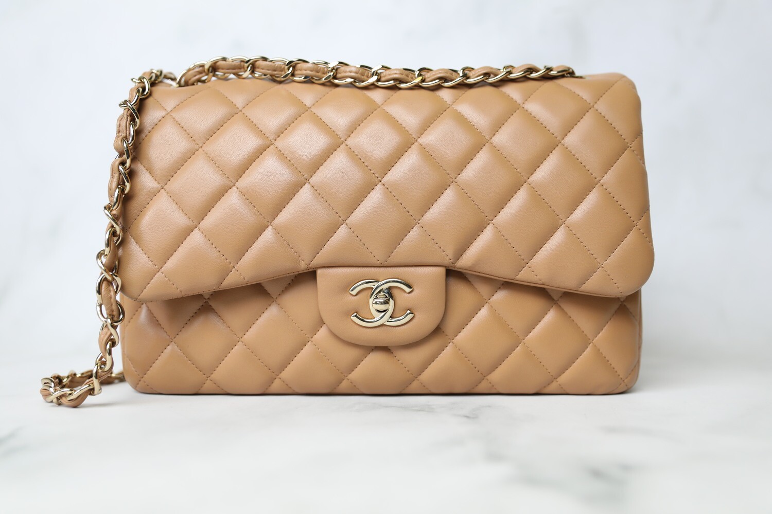 Chanel Classic Jumbo, Dark Beige Lambskin with Gold Hardware, Preowned In Black Dustbag And Box WA001