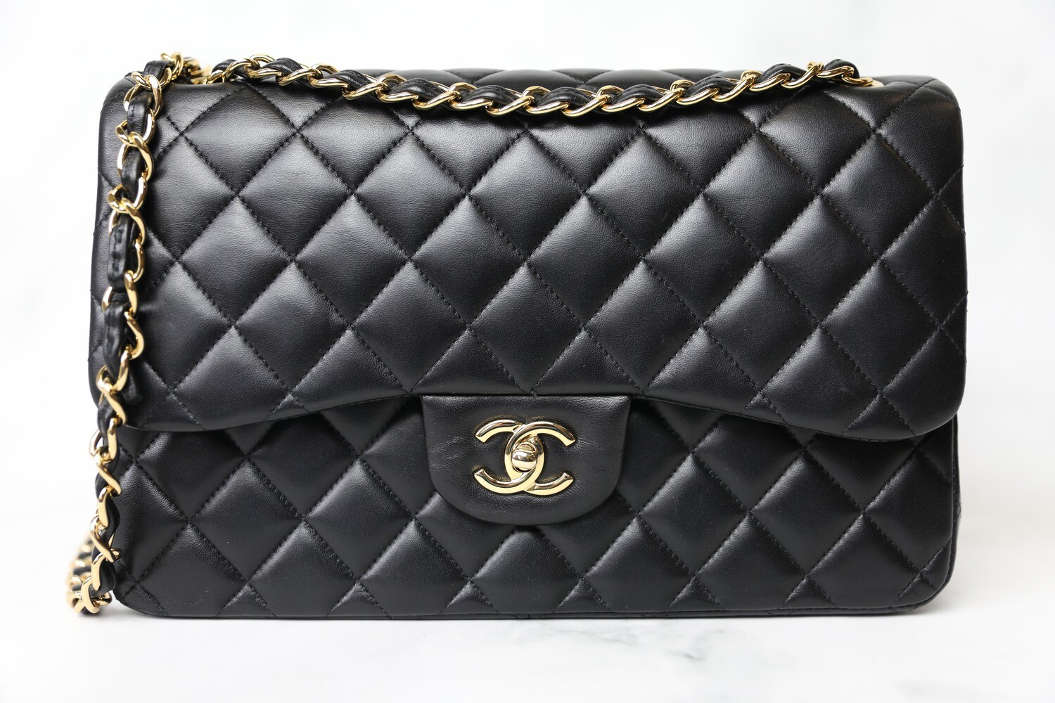 Chanel Classic Jumbo, Black Lambskin with Gold Hardware, Preowned in Box WA001