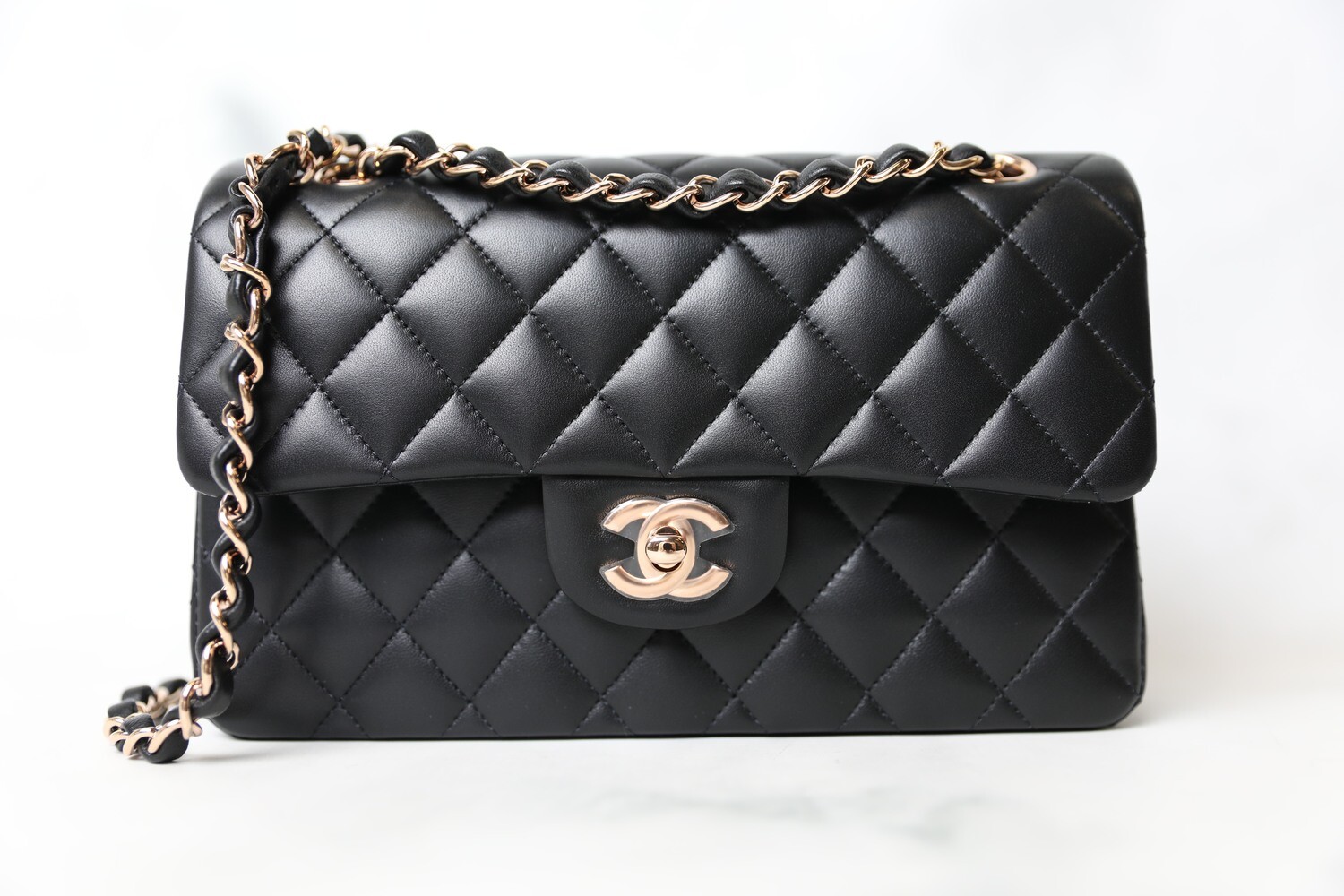 Chanel Black Lambskin Leather Quilted Classic Double Flap Small Bag w/ Rose  Gold
