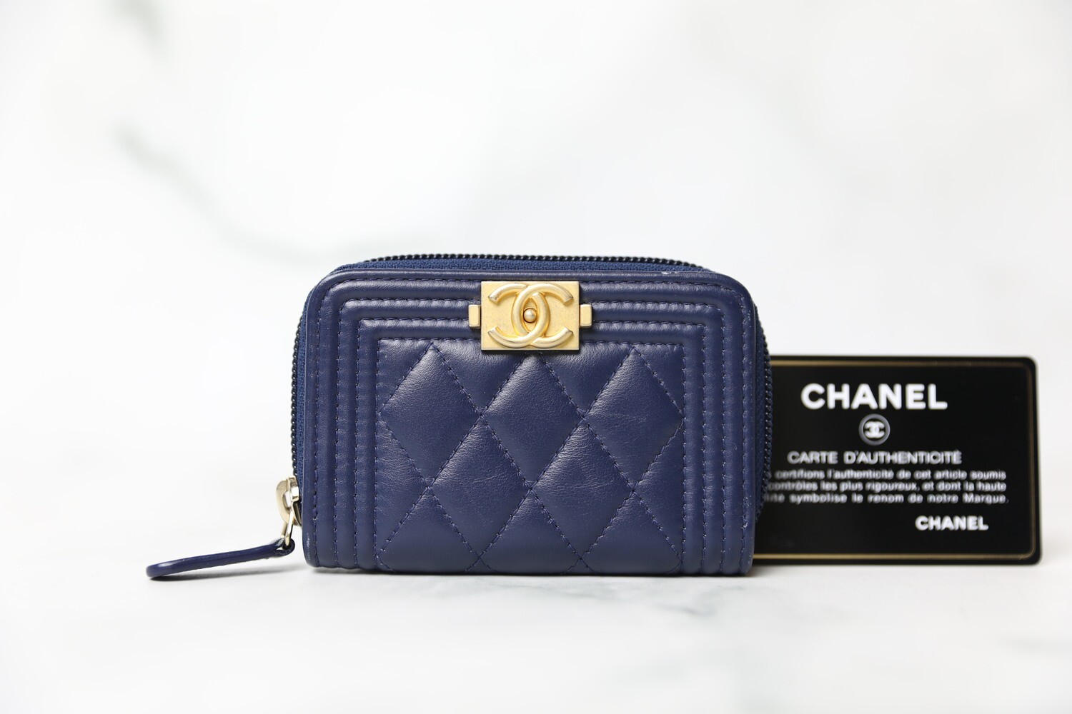 Chanel SLG Boy Small Zip Wallet, Navy Lambskin with gold Hardware, Preowned in Box WA001
