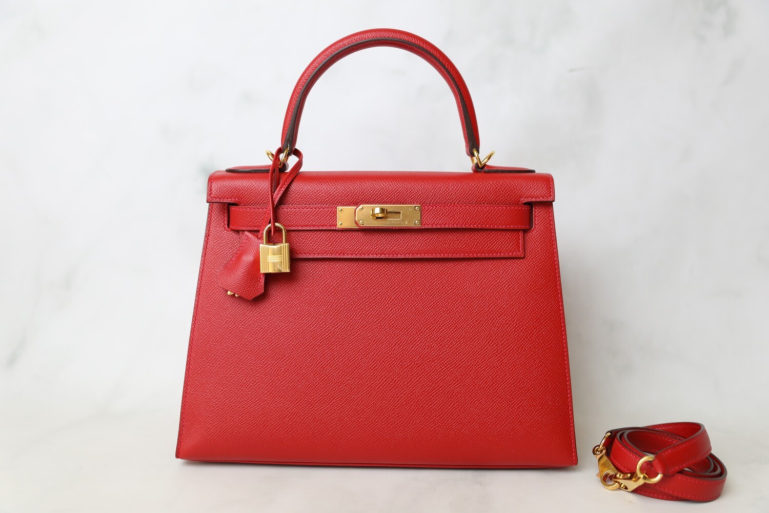 Hermes Kelly 28 Sellier, Rouge Casaque (Red) Epsom Leather with Gold Hardware, A Stamp 2017, Preowned in Box WA001