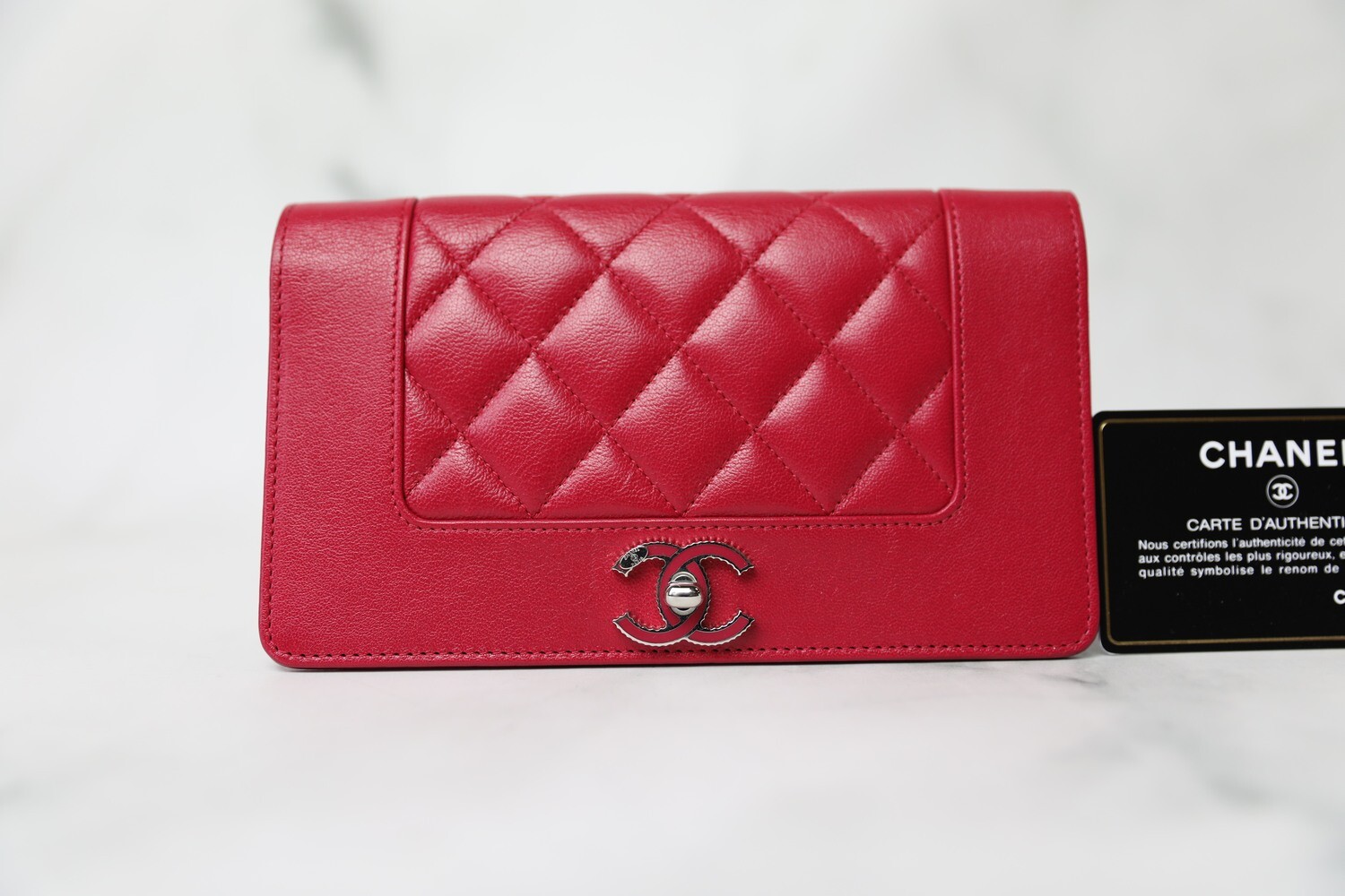 Chanel SLG Mademoiselle Wallet, Raspberry Calfskin with Silver Hardware, Preowned in Box WA001