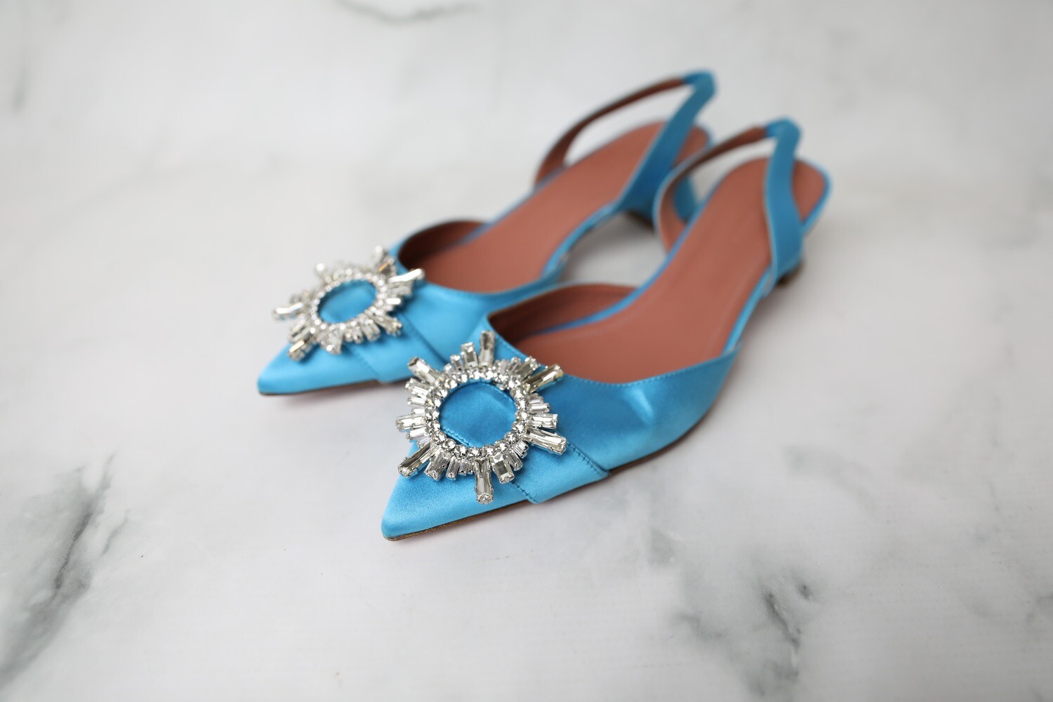 Amina Muaddi Blue Satin Slingback Mid Heels, Size 39.5, Preowned in Dustbag WA001