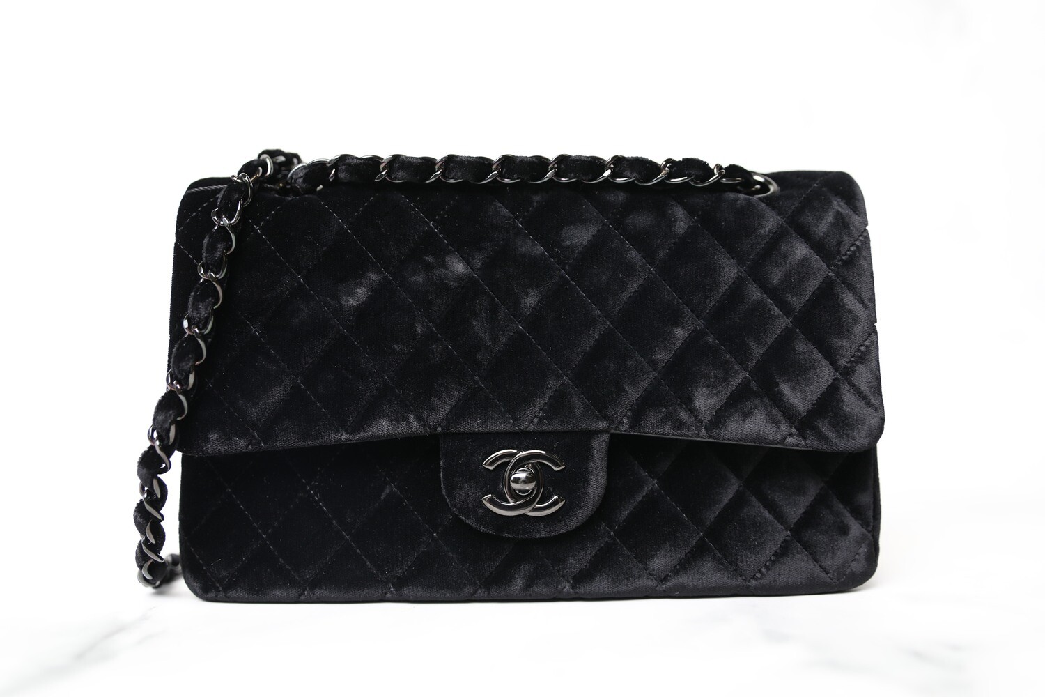 Chanel Classic Medium Double Flap, Black Velvet with Black Hardware, Preowned - No Dustbag WA001