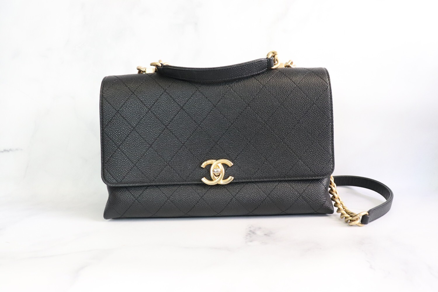 Chanel Black Top Handle Flap, Black Caviar Leather, Brushed Gold Hardware, Preowned in Dustbag