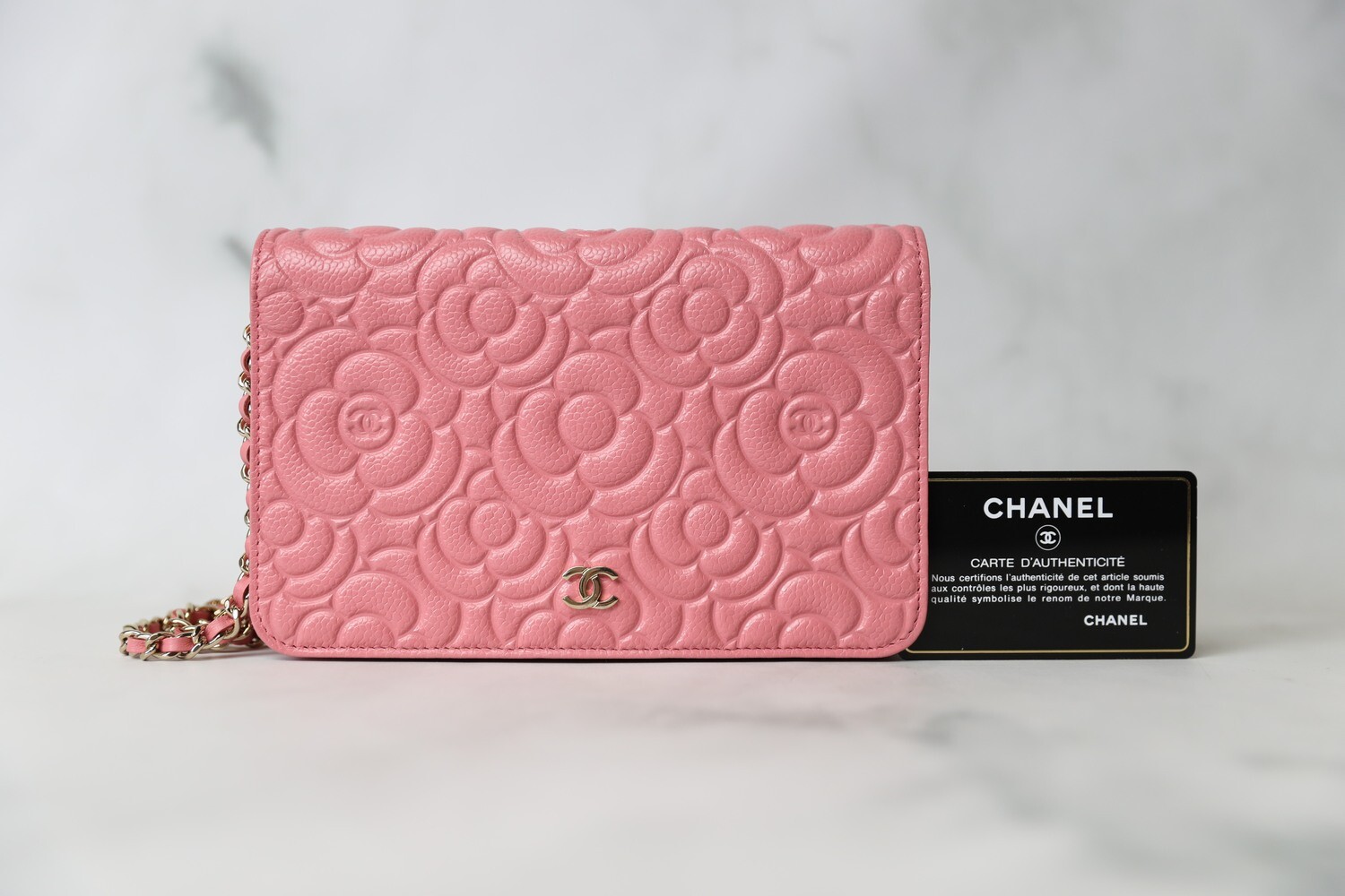 Chanel Camellia Wallet on Chain, Pink Caviar with Gold Hardware, Preowned in Dustbag WA001