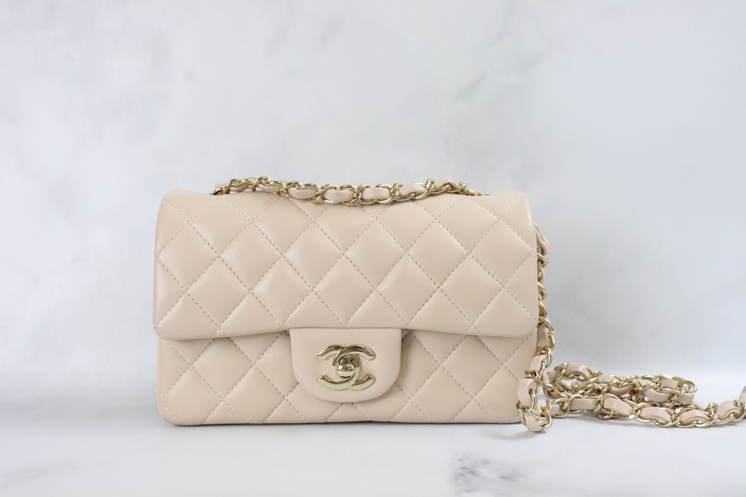 Chanel Classic Mini, Light Pink Beige Lambskin Leather, Light Gold Hardware, Preowned in Box