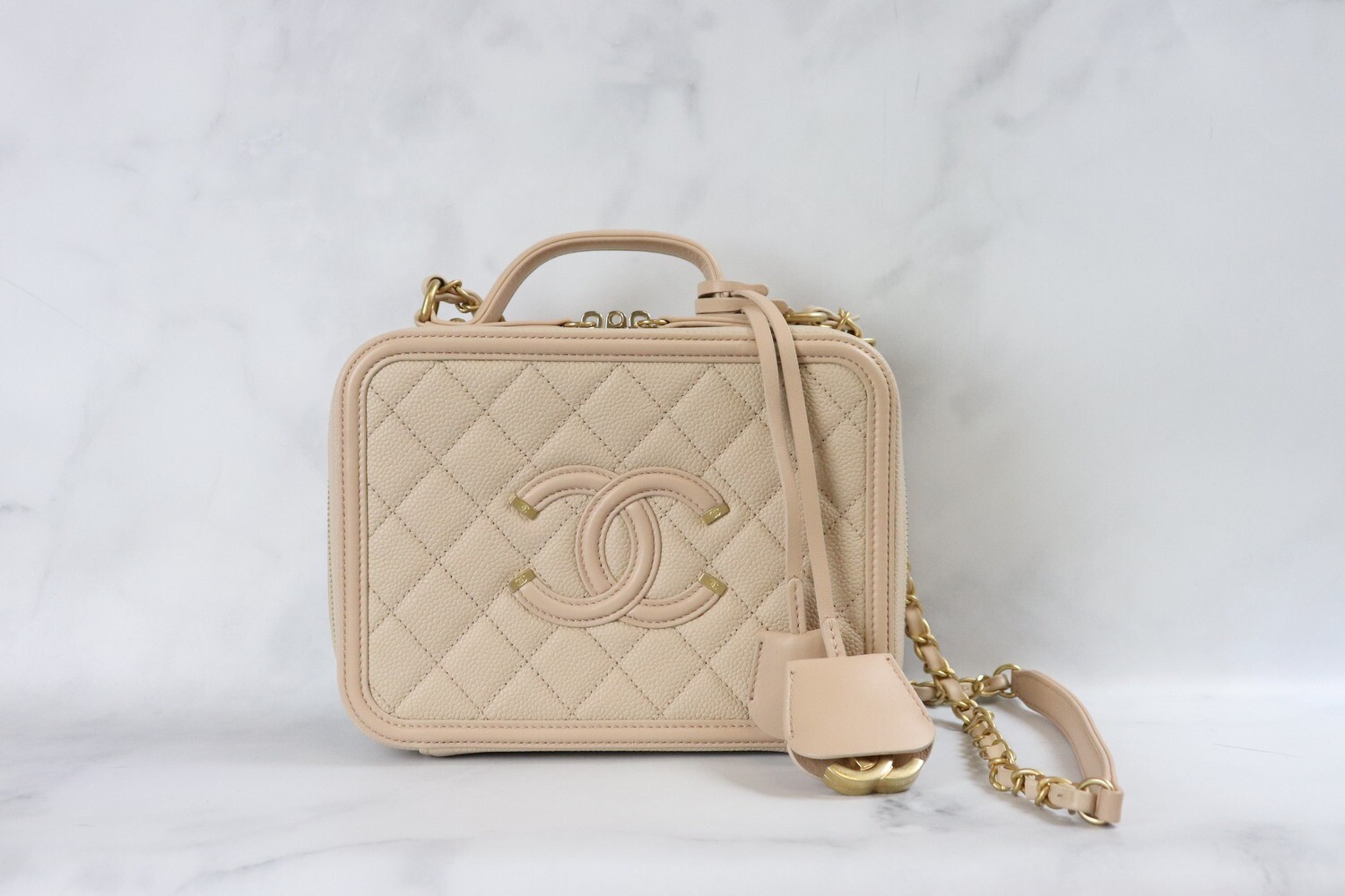 Chanel Filigree Vanity Case, Medium, Beige Caviar Leather, Brushed Gold  Hardware, Preowned with Box